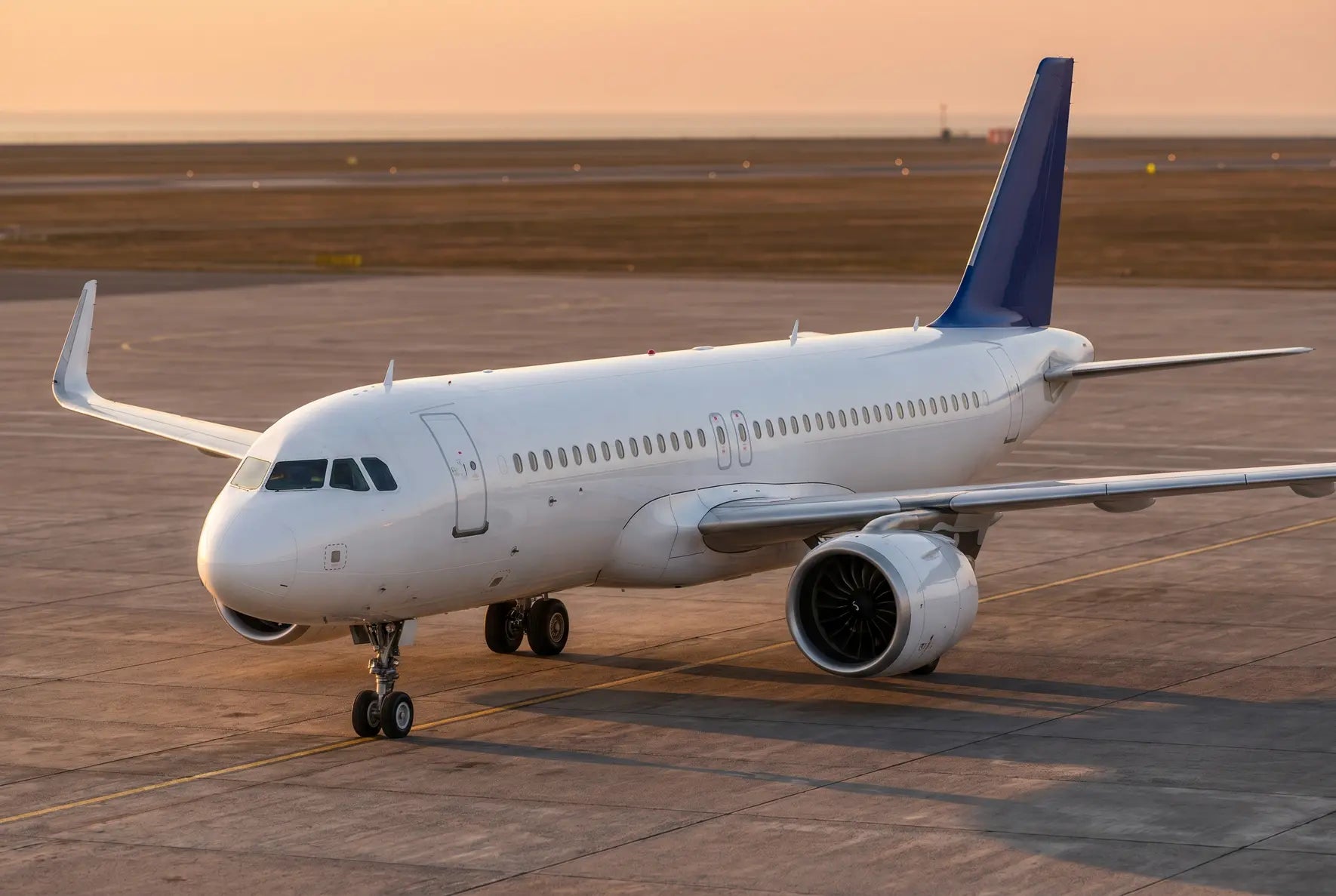 Airbus A320neo on an airport tarmac during sunset, with its engines and wings visible.