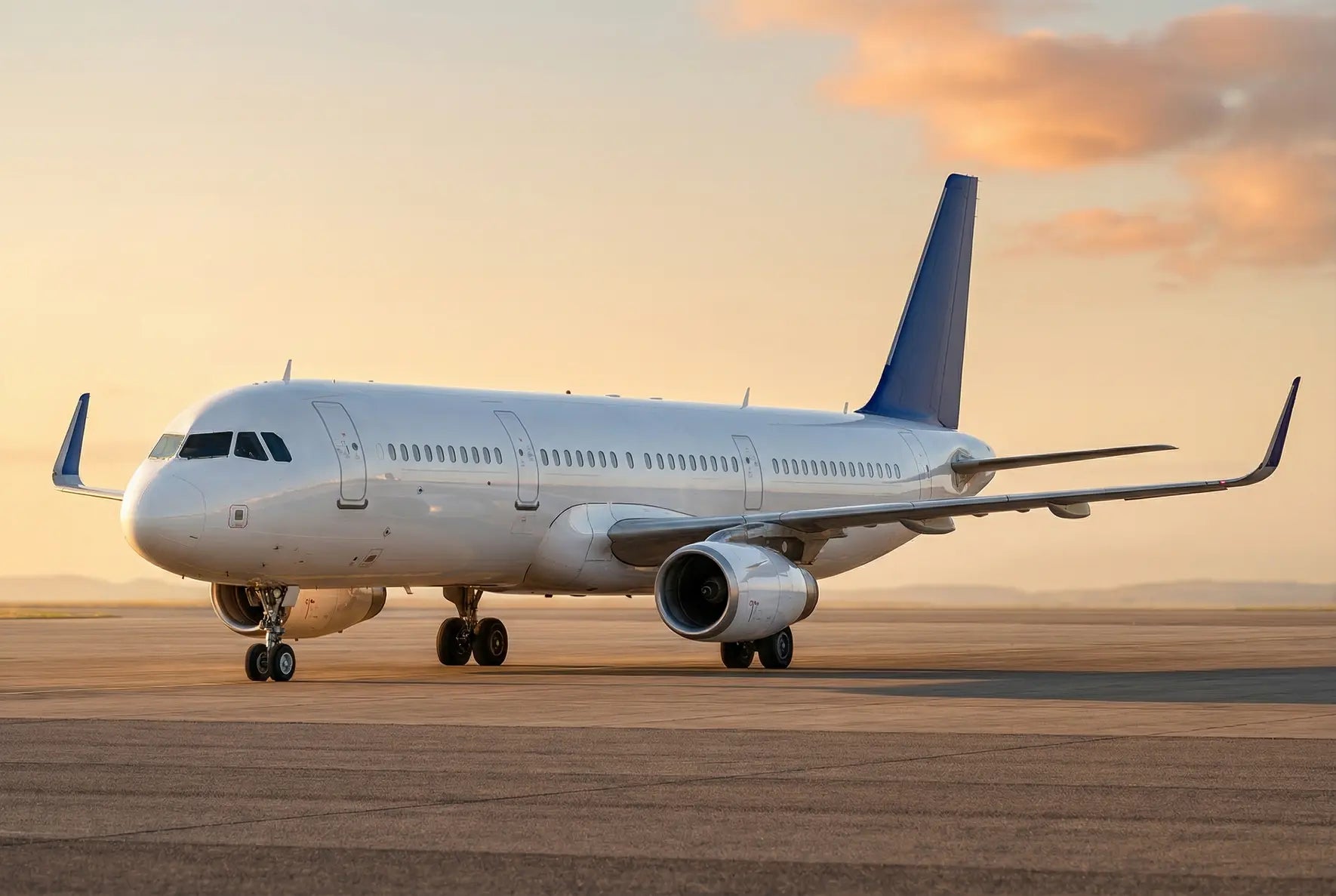 Airbus A321-200 with blue tail parked on a runway at sunset, showcasing its engines and landing gear.