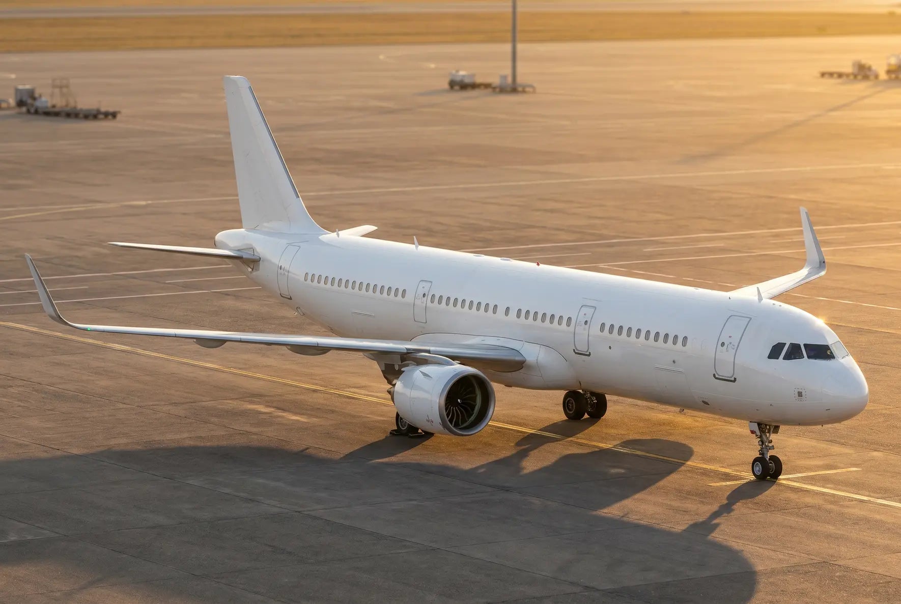 Airbus A321LR parked on an airport tarmac at sunset, showing its sleek design and twin engines.
