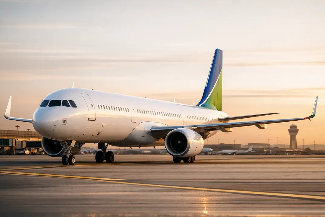 Airbus A321XLR parked on airport tarmac at sunset, with control tower and terminal buildings visible in the background.