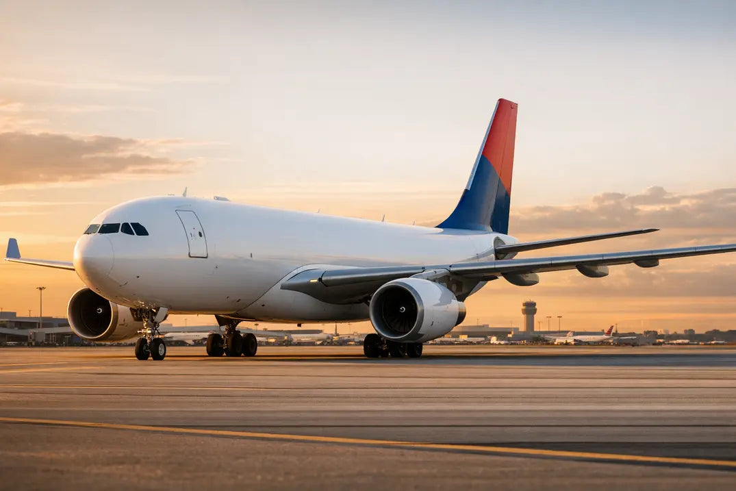 Airbus A330-200F cargo aircraft on the tarmac at an airport during sunset, with control tower and terminal in the background.