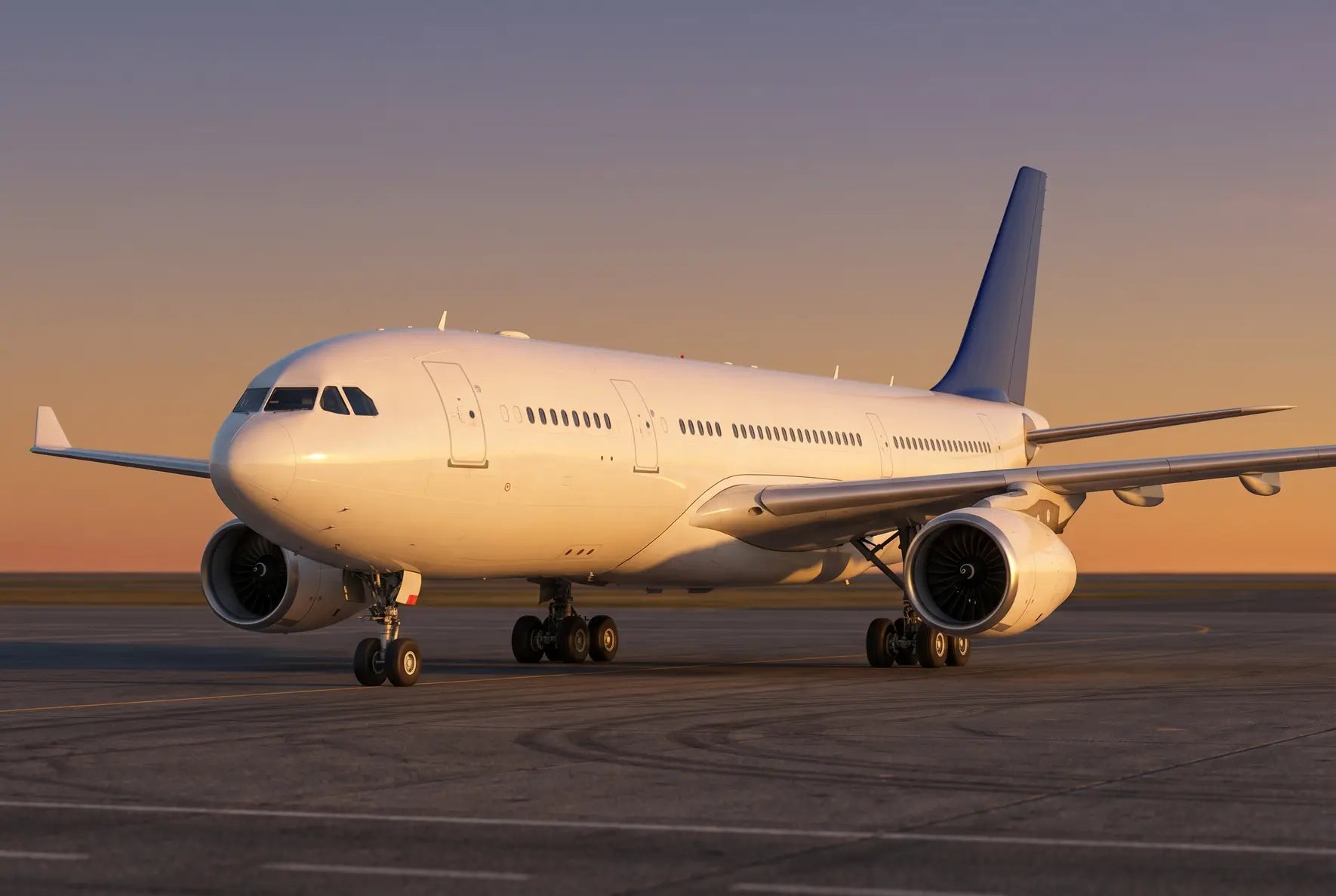 Airbus A330-200 airplane on the tarmac at sunset, featuring a white fuselage and twin engines, with a warm sky backdrop.