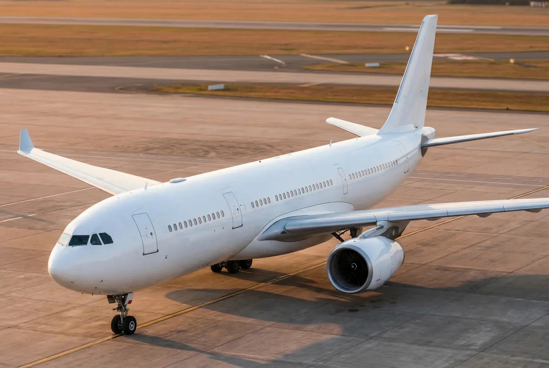 A white Airbus A330-300 aircraft on a tarmac, viewed from the front left, with its two engines and long fuselage visible under clear skies.