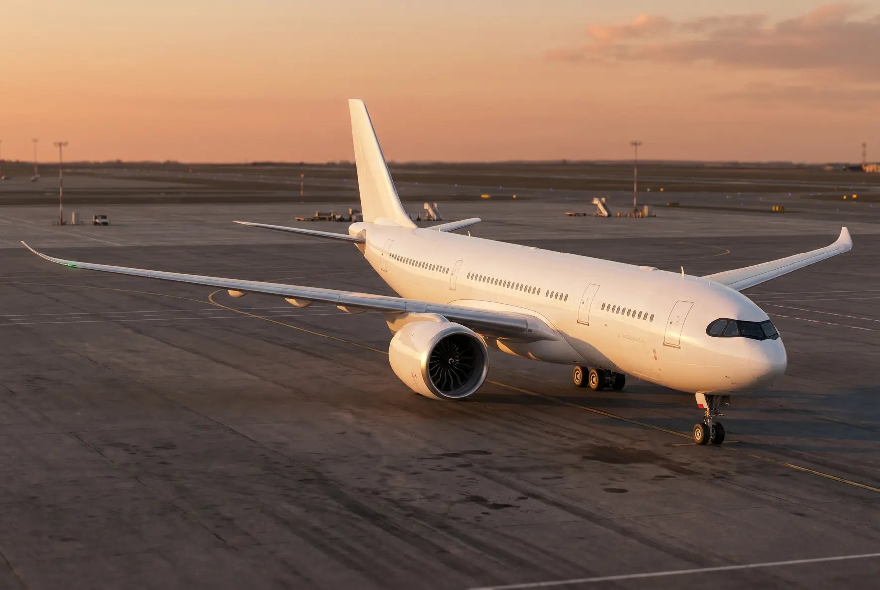 Airbus A330-800 aircraft on tarmac at sunset, with engines visible and no livery, under a clear sky.