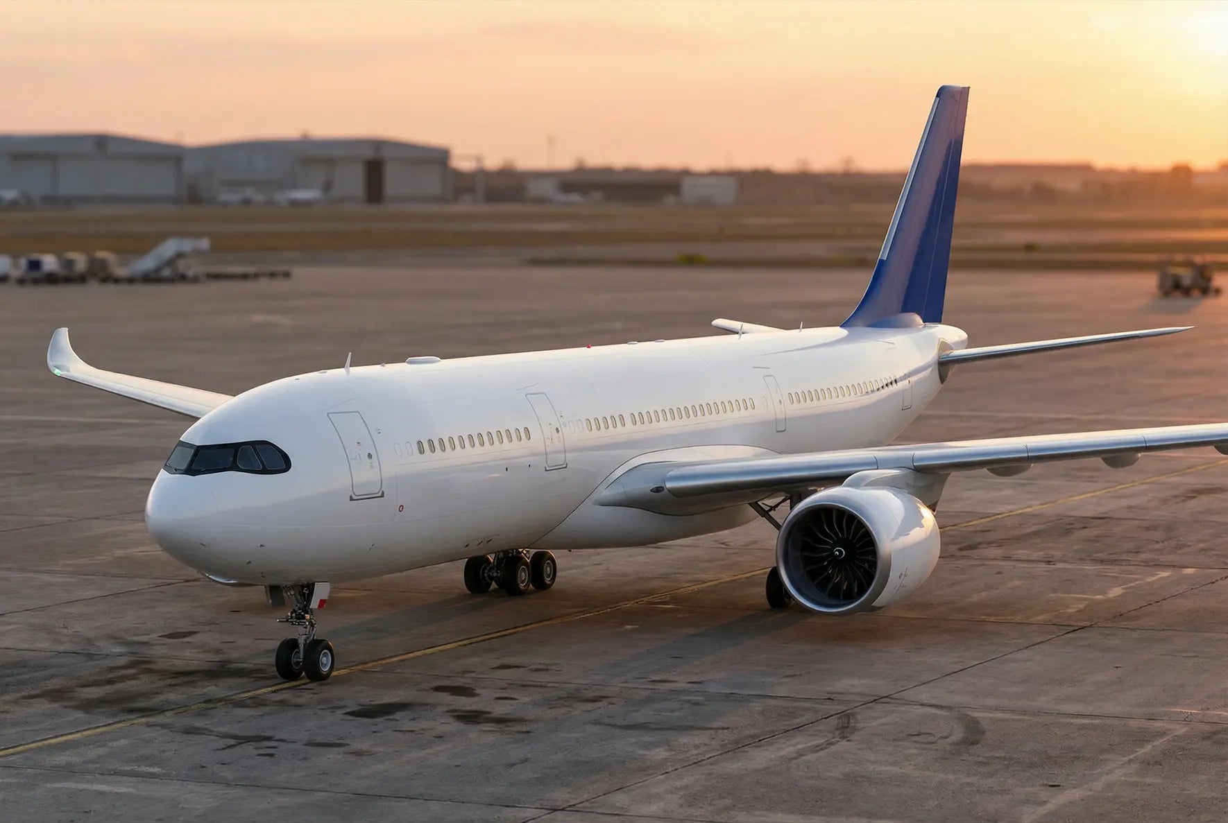 Airbus A330-900 airplane parked on an airport runway during sunset, with its sleek design and engines visible.