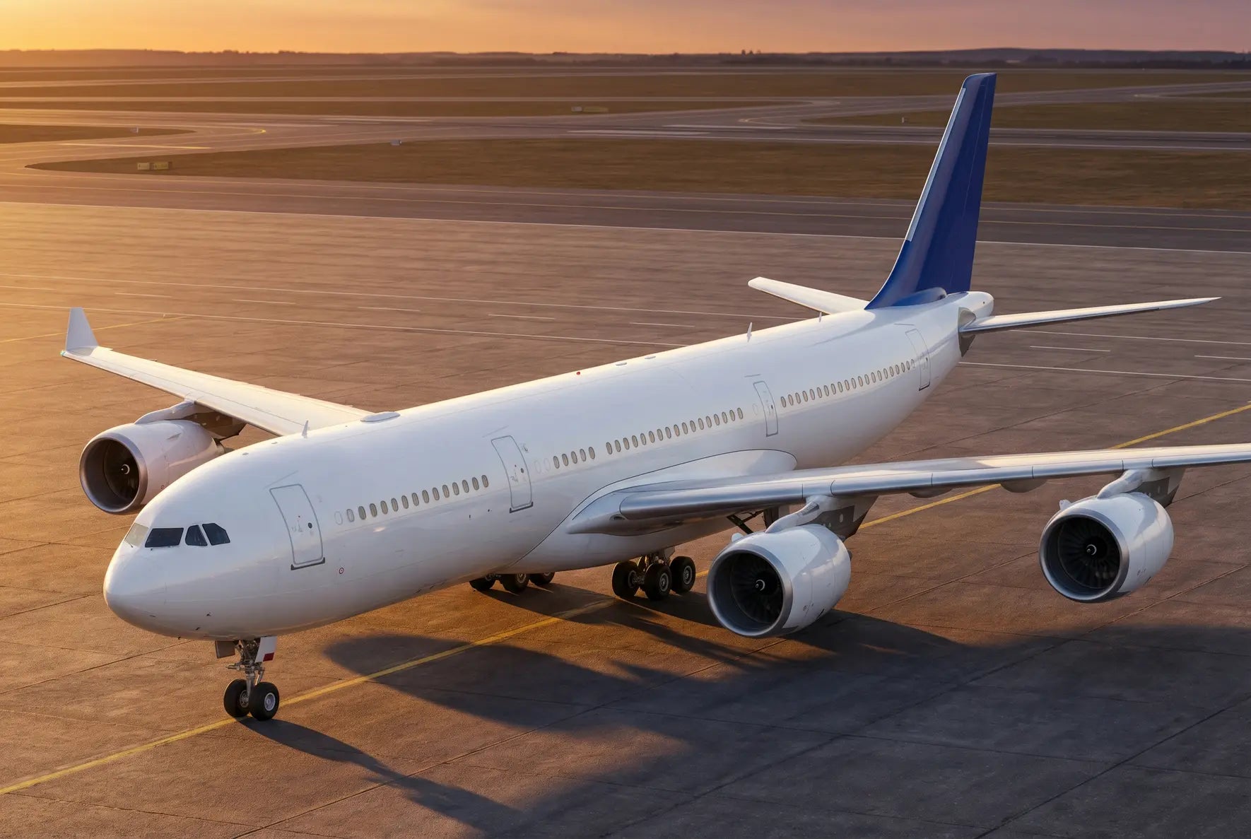 An Airbus A340-500 on the tarmac at sunset, with a clear view of the fuselage, wings, and engines under a colorful sky.
