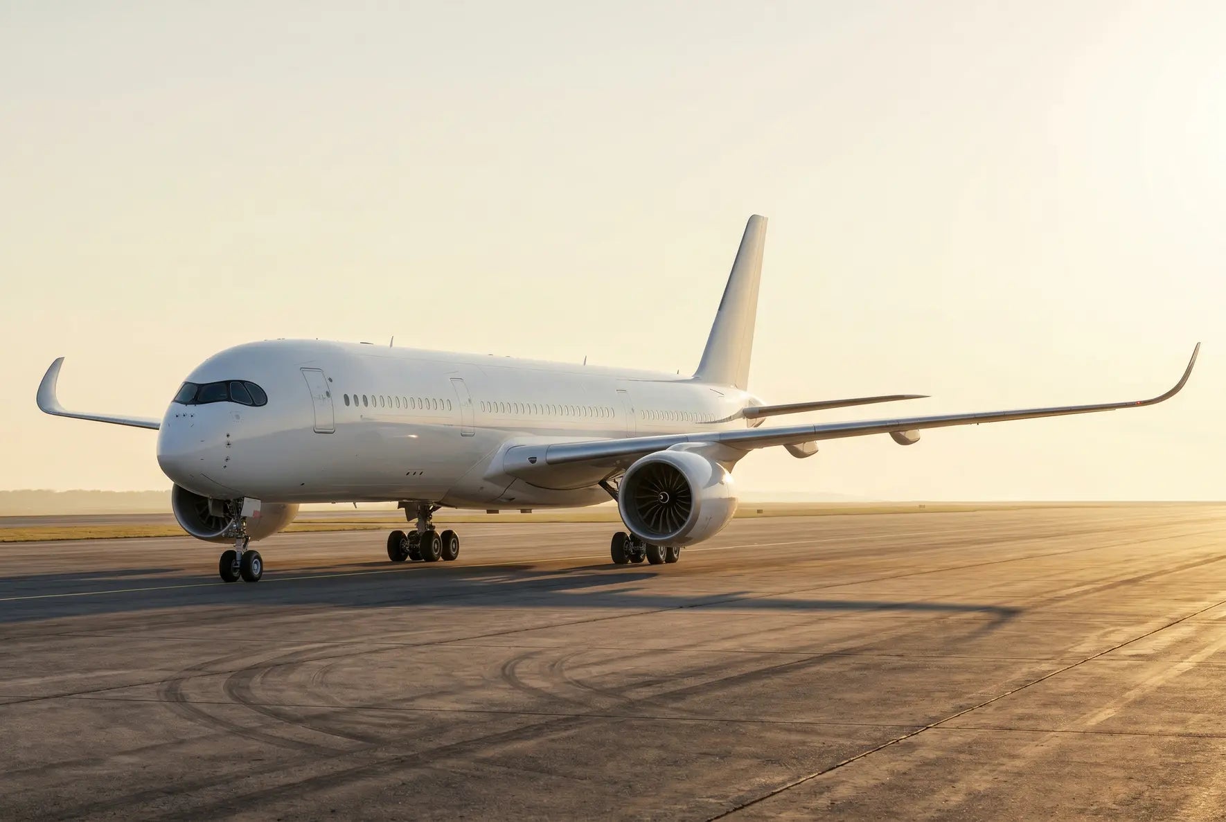 Airbus A350-1000 taxiing on a runway at sunset, with landing gear extended and engines visible.