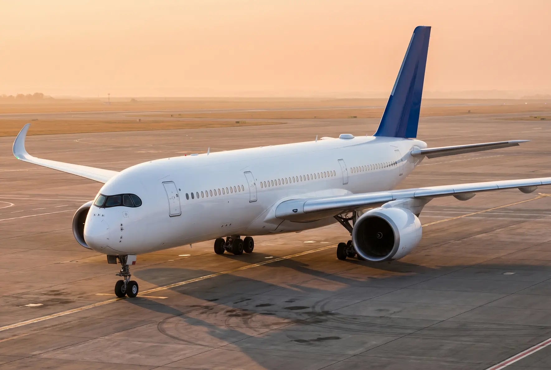 Airbus A350-900 on the tarmac at sunset, showcasing its sleek design and large wingspan under a clear sky.