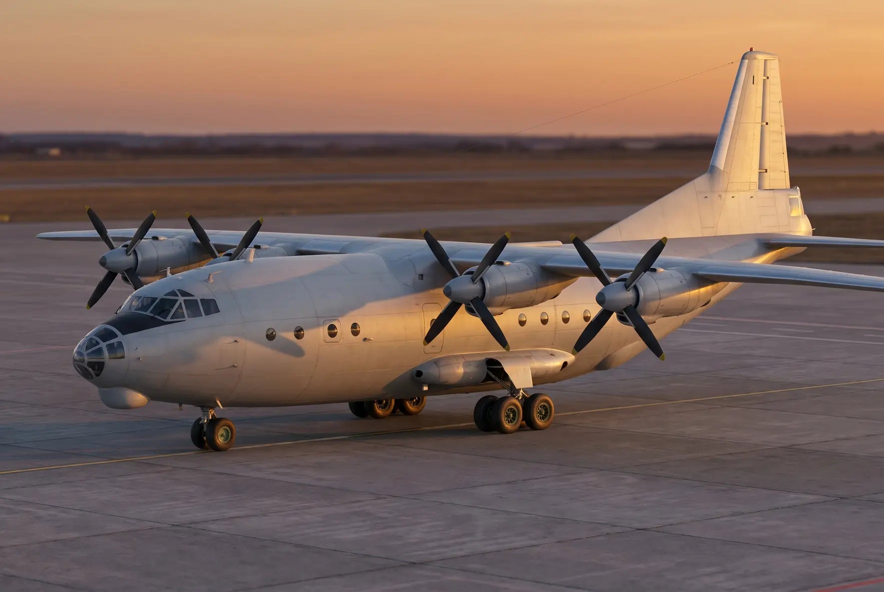 Side view of an Antonov An-12 aircraft on an airport runway during sunset, with four propellers visible on each wing.