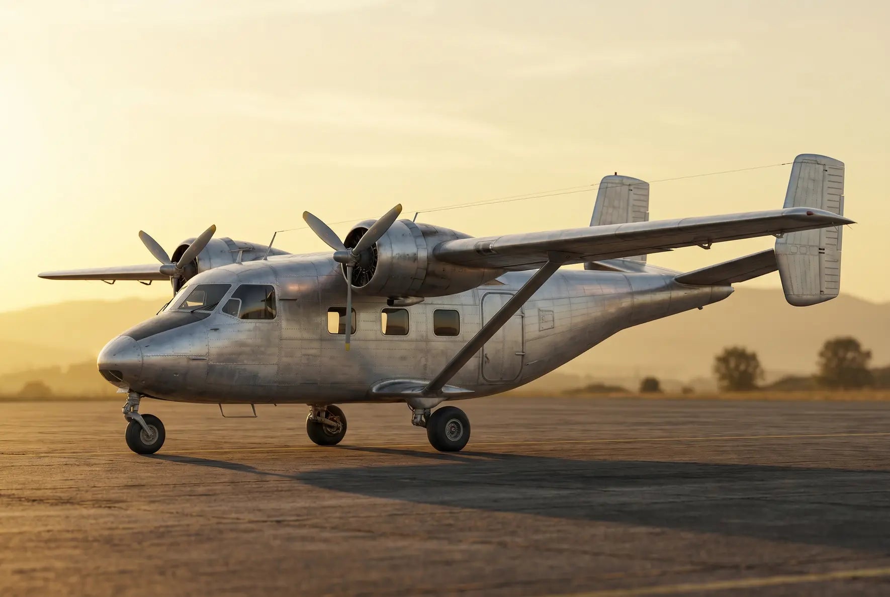 Antonov An-14 aircraft parked on an airfield at sunset with two propellers and twin tail fins, against a backdrop of distant hills.