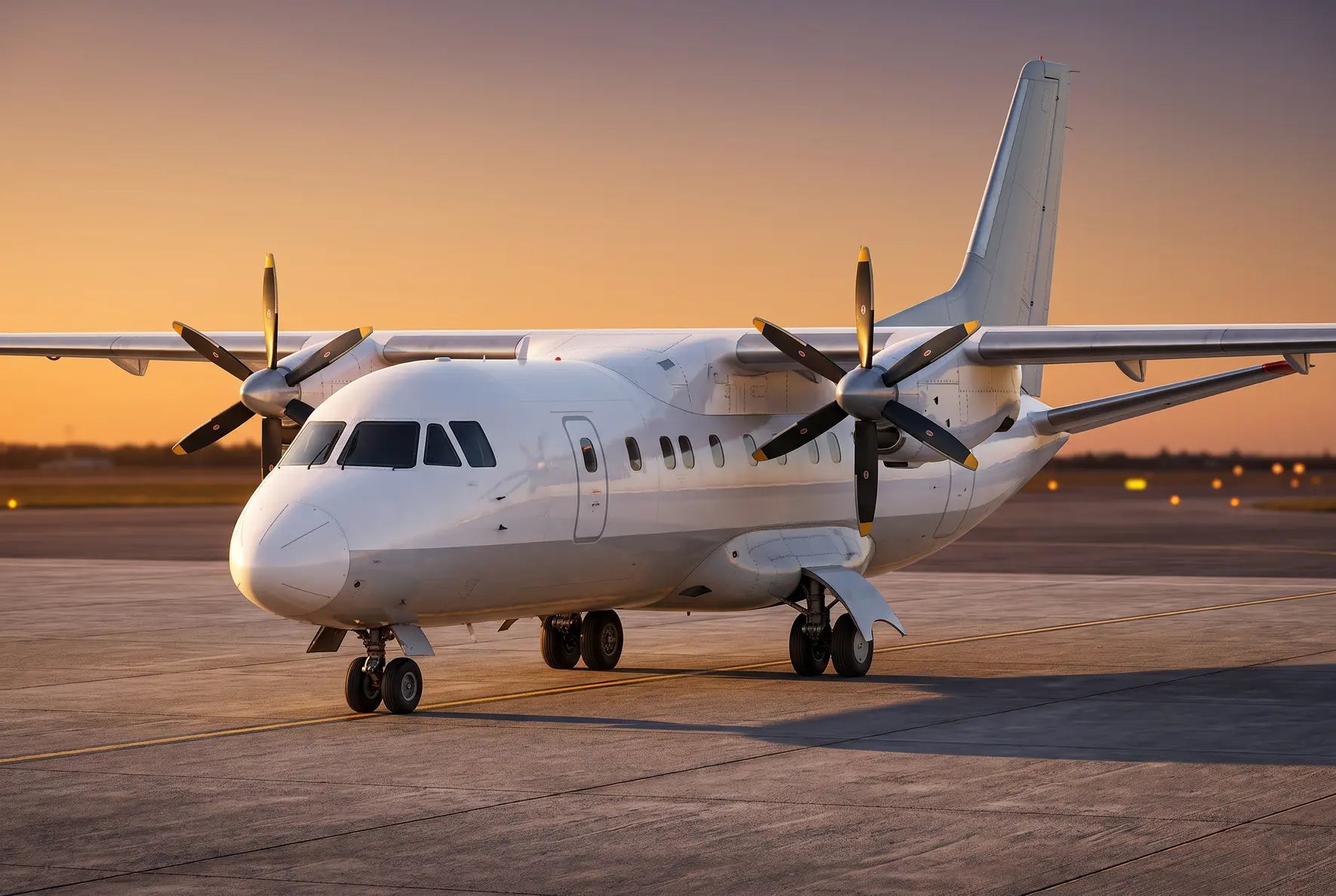The Antonov An-140 aircraft on the tarmac at sunset, showcasing its twin-engine turboprop design and sleek fuselage under the soft evening light.