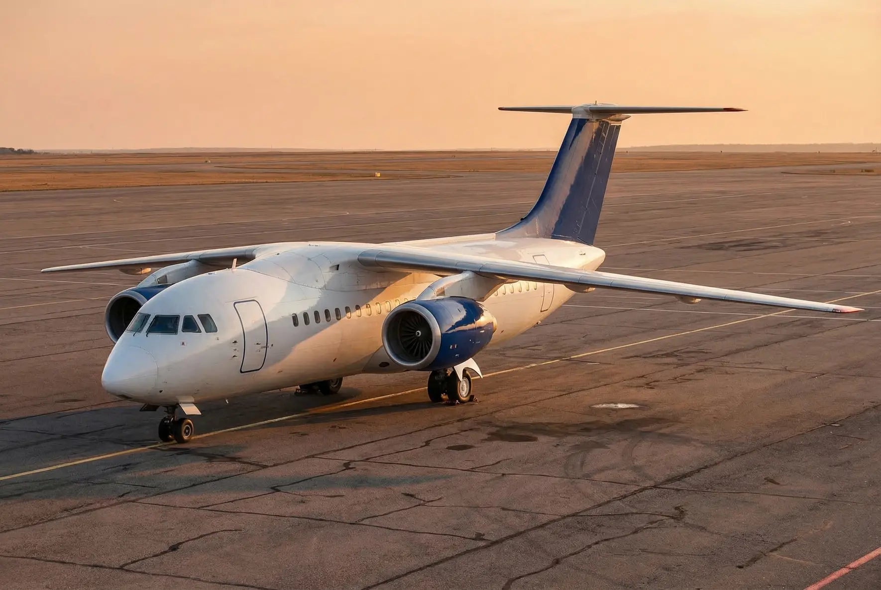 Antonov An-148 aircraft parked on an airfield at sunset, showing its twin engines and T-tail design against an orange sky.