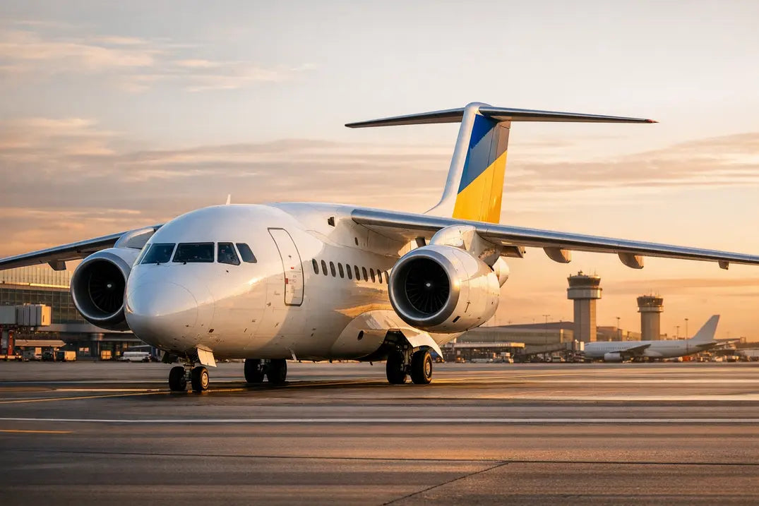 Antonov An-158 parked on an airport tarmac at sunrise with control towers in the background.