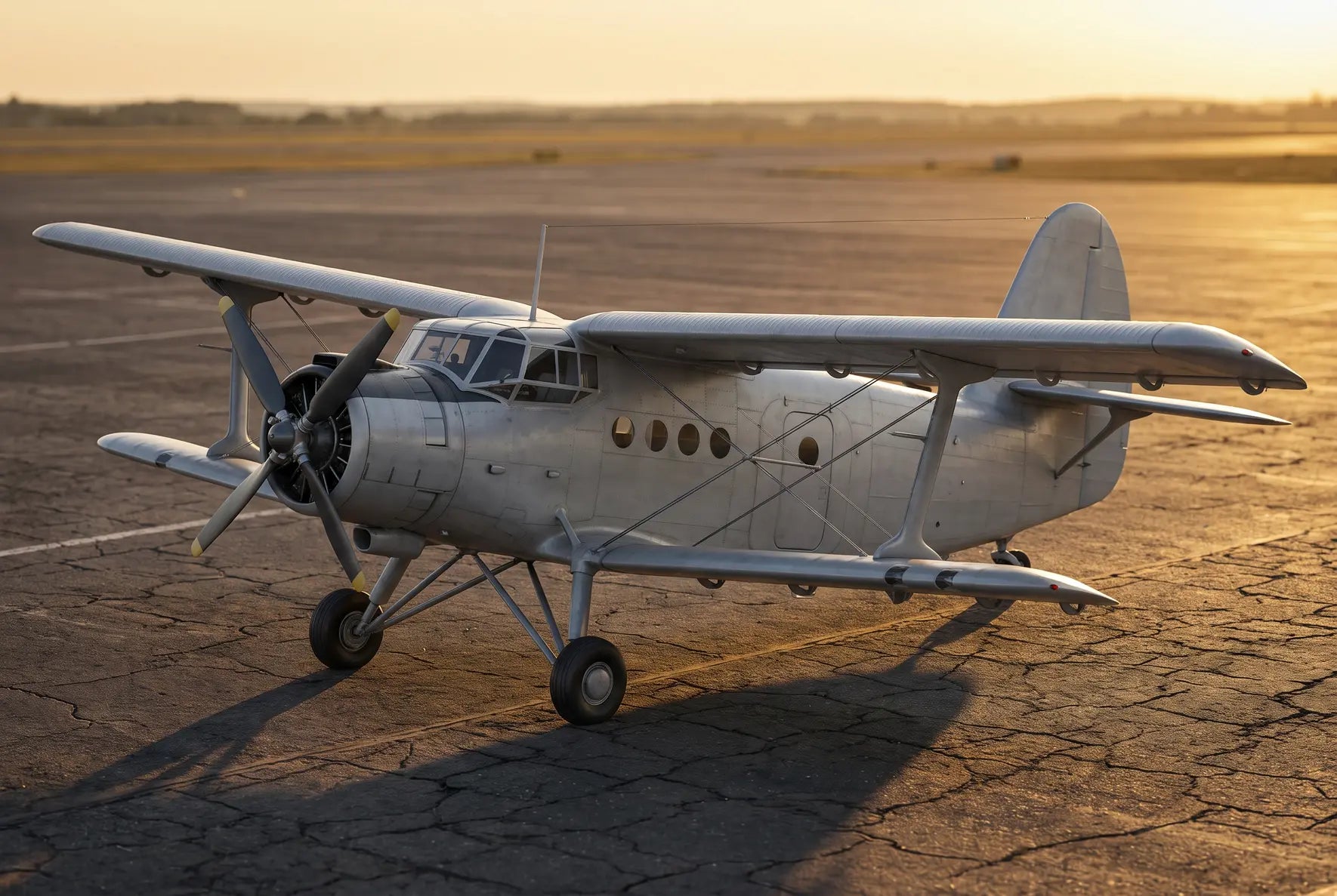 A silver Antonov An-2 biplane parked on an airfield under a warm golden sunset, casting long shadows on the cracked tarmac.