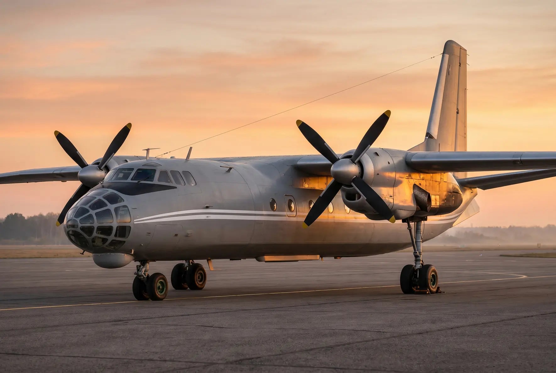 Antonov An-30 aircraft parked on an airfield at sunset with visible twin propellers and a distinctive glazed nose for aerial surveillance.