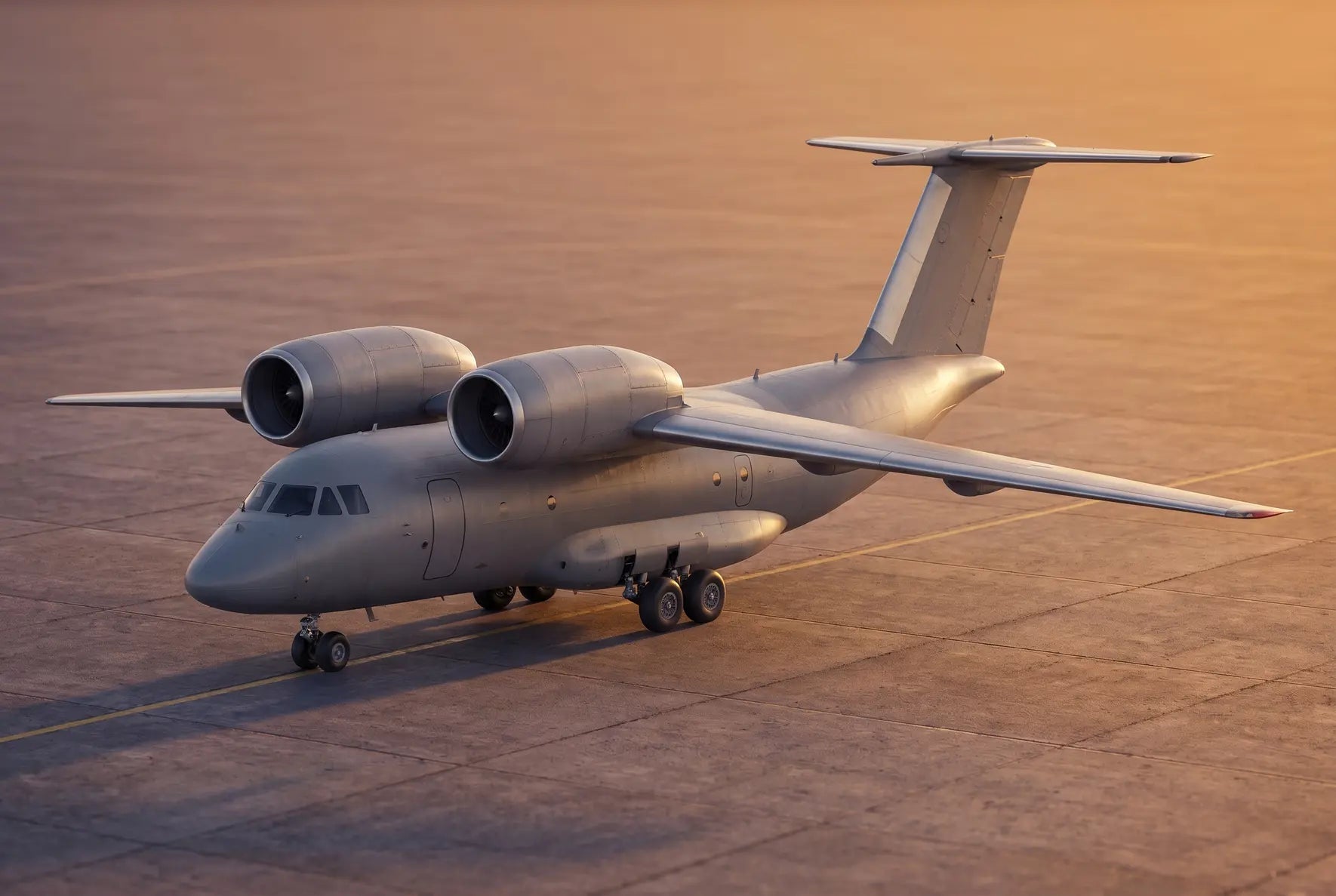 Antonov An-72 aircraft on a tarmac during sunset, showcasing its distinctive over-wing engines and T-tail design.
