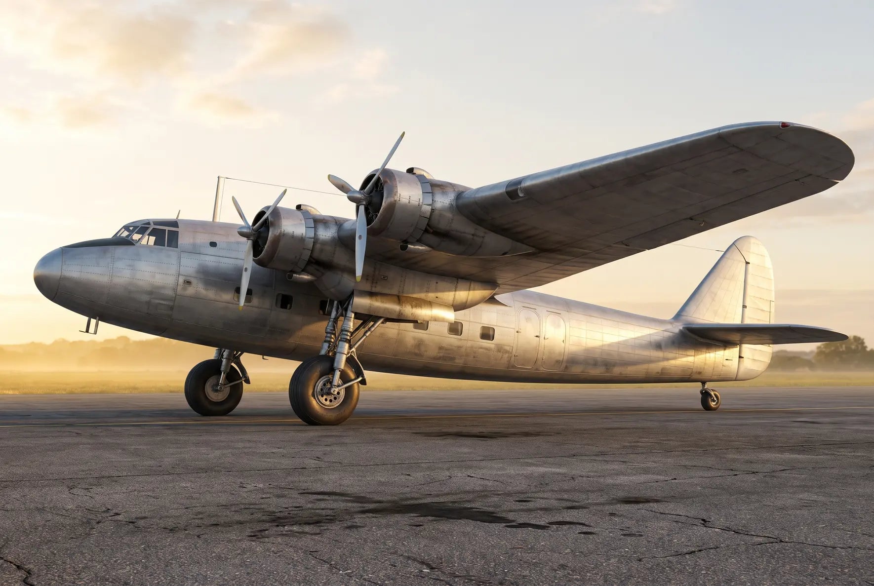 A vintage Armstrong Whitworth Ensign aircraft parked at sunrise, showcasing its twin propellers, smooth metallic body, and undercarriage on a tarmac.