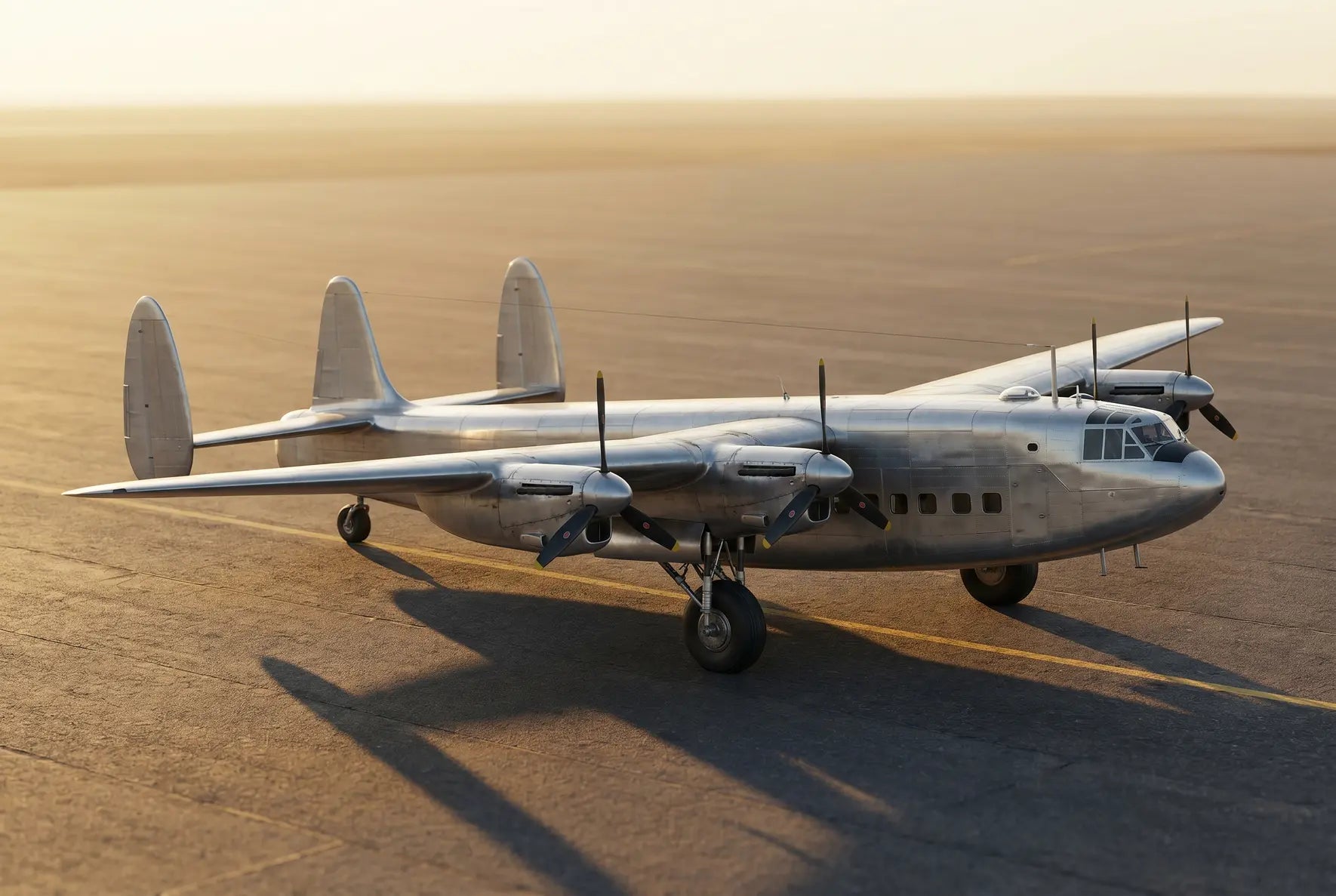 A silver Avro York aircraft with four propellers, parked on an empty airfield, under golden sunlight, showcasing its distinctive design and engineering.