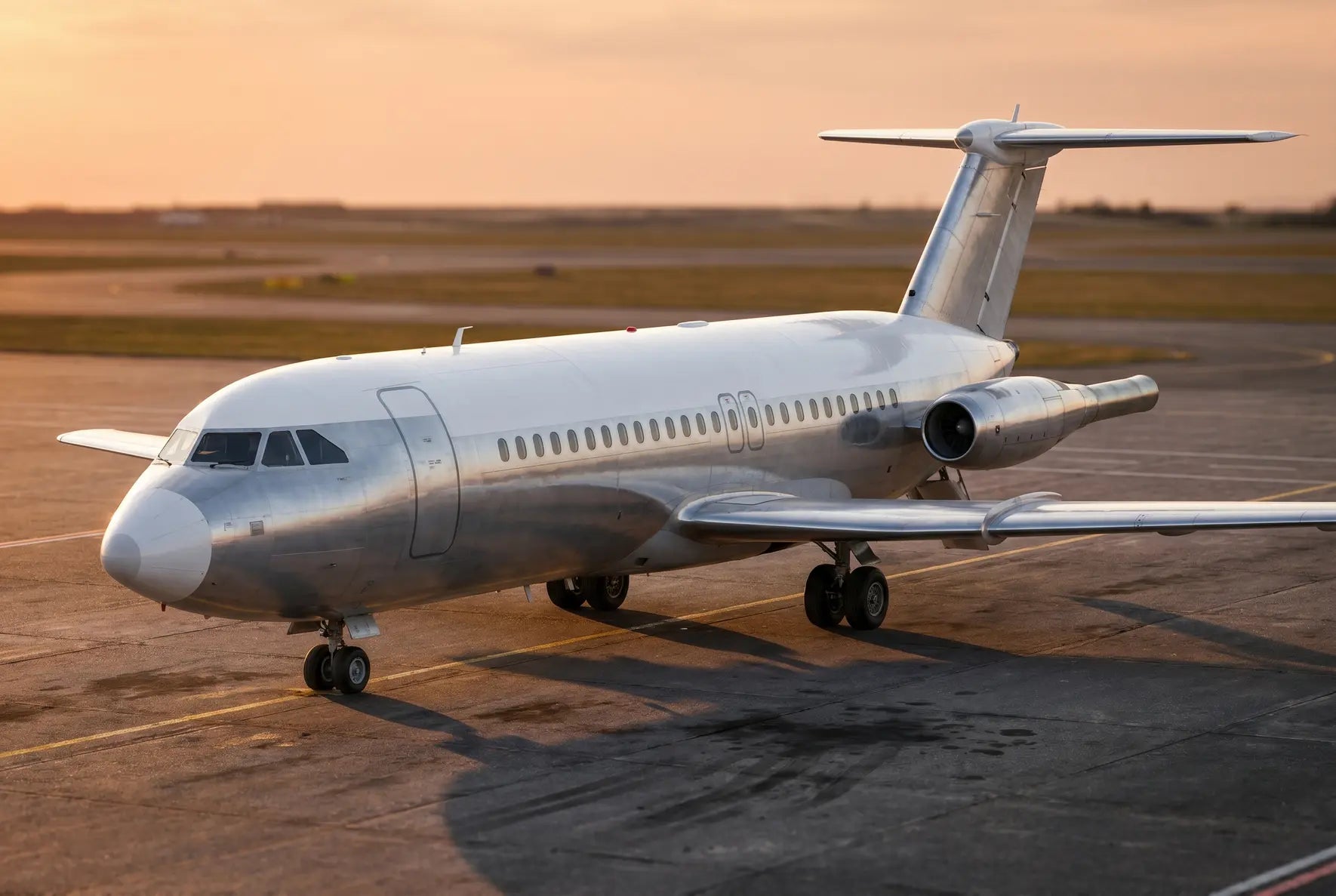 A BAC One-Eleven 200 aircraft parked on an airport tarmac at sunset, showcasing its sleek fuselage and twin rear engines.