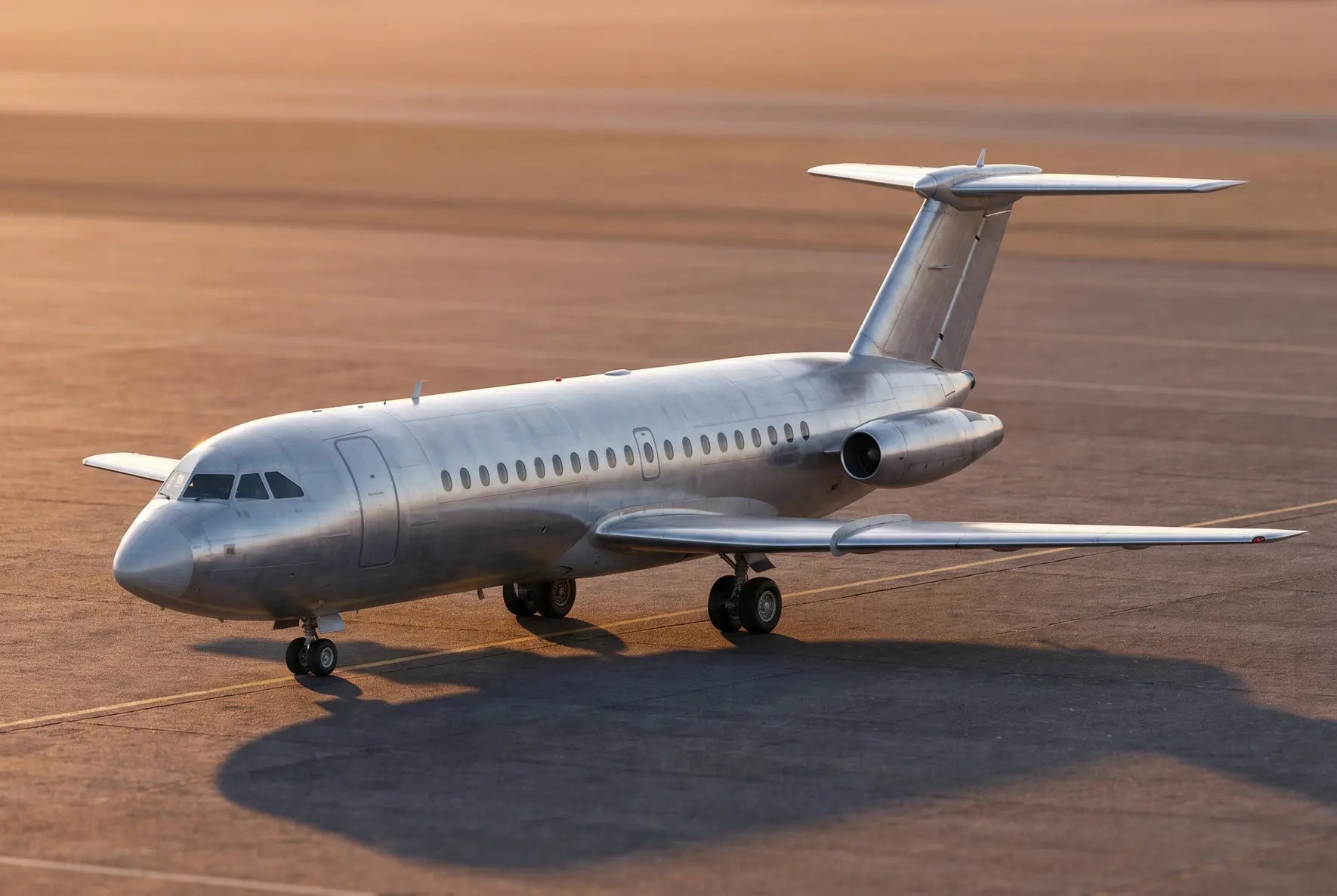 A BAC One-Eleven 400 aircraft parked on the tarmac at sunset, with a sleek metallic body and two engines mounted at the rear.