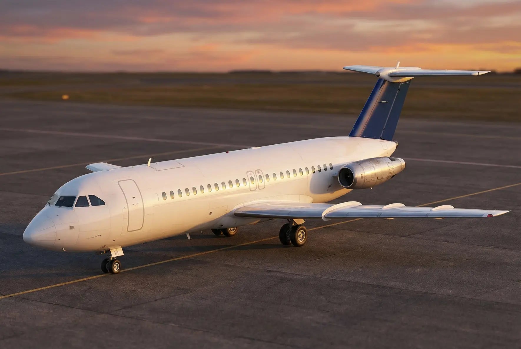 BAC One-Eleven 500 aircraft parked on a runway at sunset, showing its twin engines and distinctive tail design.