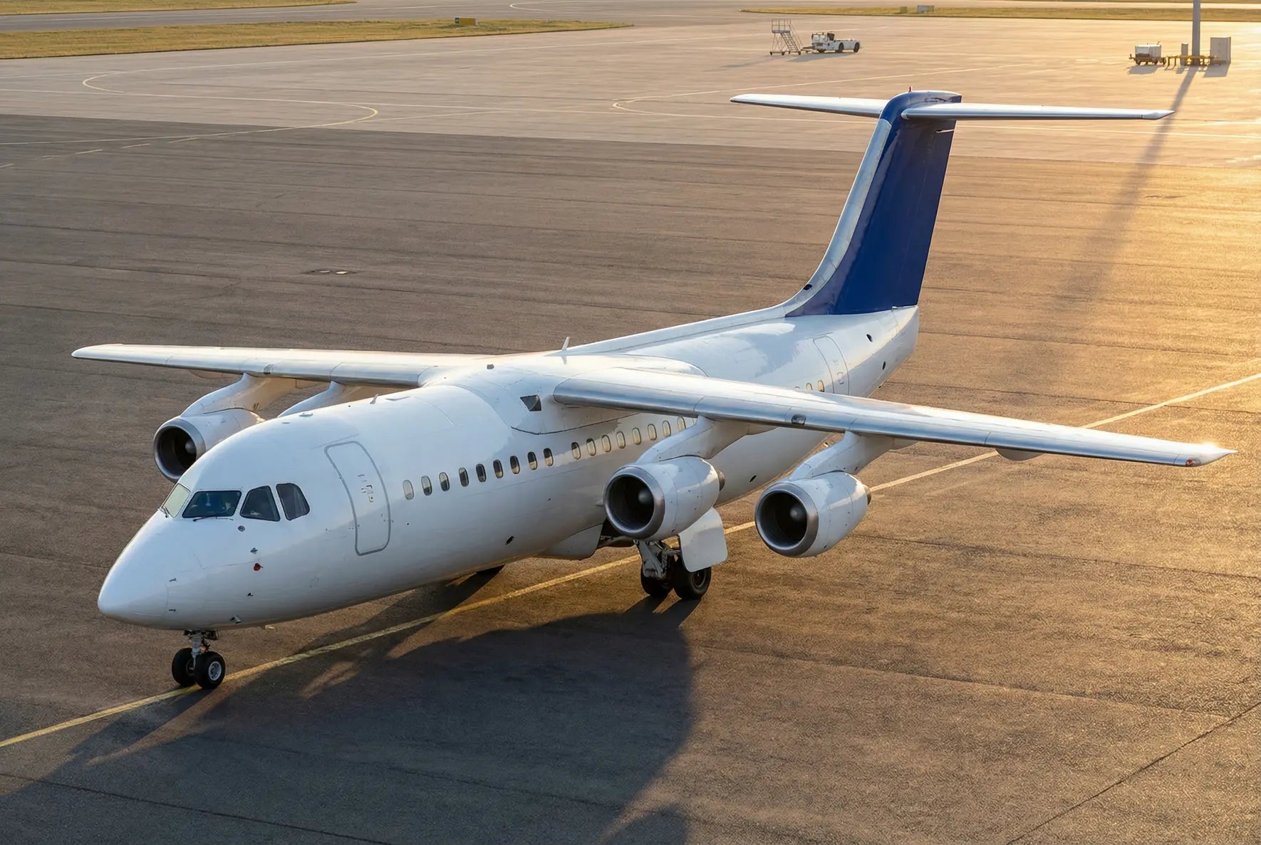 BAe 146-300 jet airplane on an airport runway with sunset lighting, showing its four engines and distinctive high T-tail design.