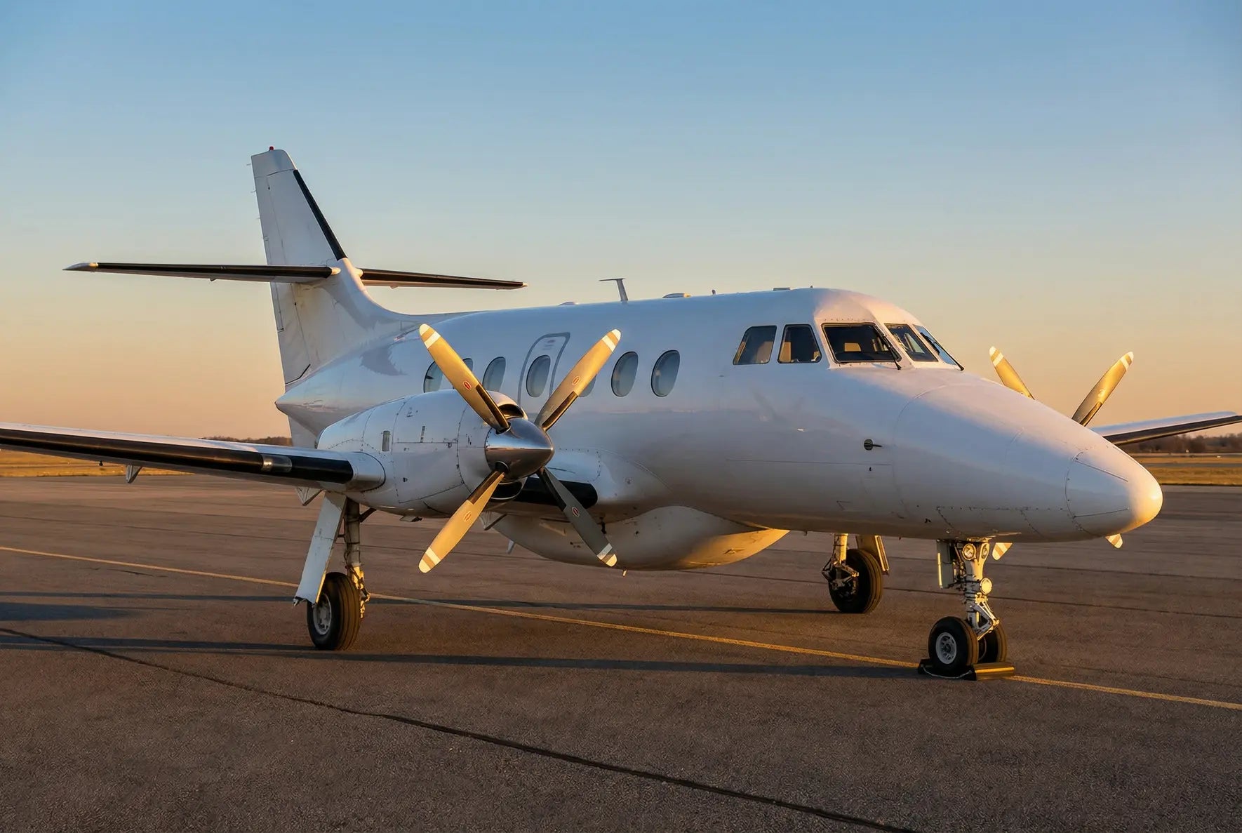 BAe Jetstream 32 aircraft parked on tarmac at sunset, showcasing its twin turboprop engines and sleek design.