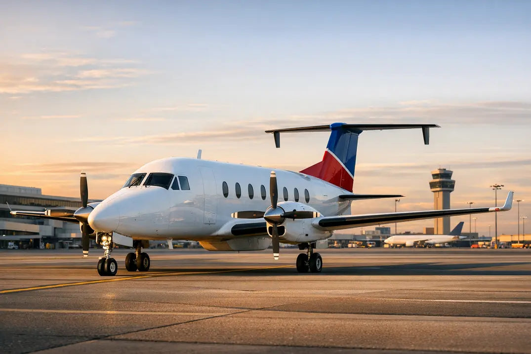 A Beechcraft 1900C aircraft parked on the runway at an airport during sunset, with a control tower and other airplanes in the background.