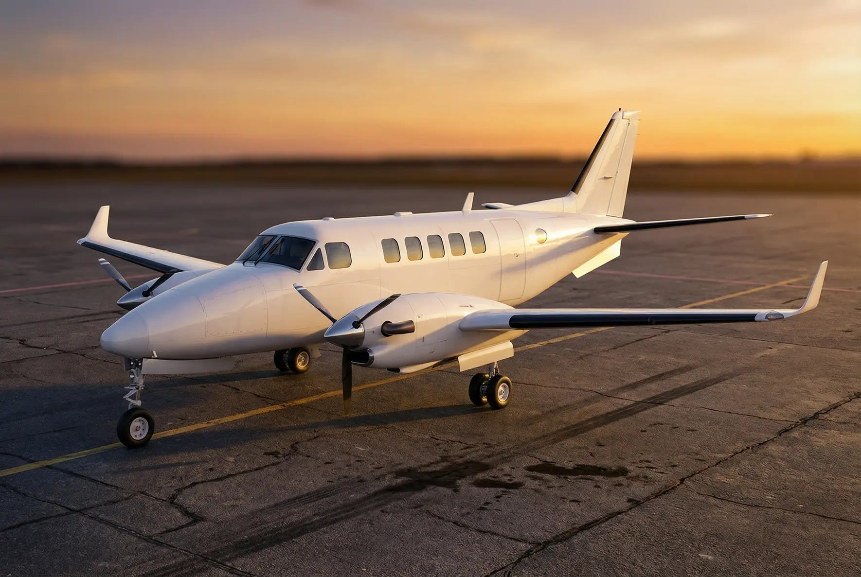 A Beechcraft Model 99 twin-engine turboprop aircraft on a tarmac at sunset, showcasing its sleek design and white fuselage.