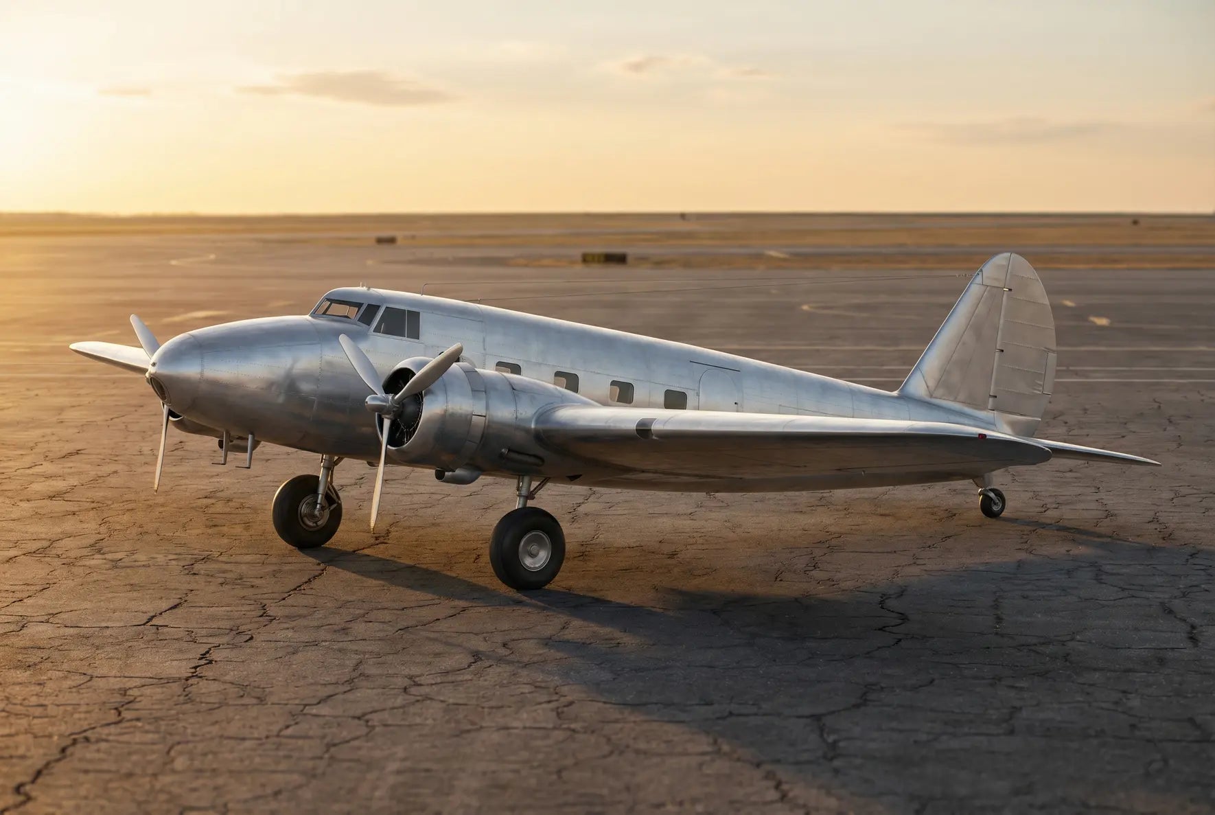 A vintage Boeing 247 airplane parked on an empty airfield, captured during sunset with golden light reflecting off its metallic body.