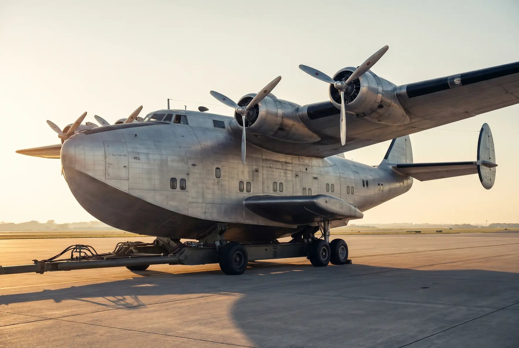 A Boeing 314 Clipper, a large flying boat with four propeller engines, parked on a tarmac under a clear sky, showcasing its streamlined metallic design.