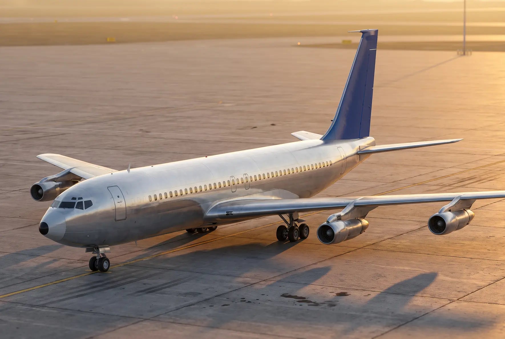 A Boeing 707-120 aircraft on a sunlit airport runway, with a clear view of its engines, wings, and tail against the golden light of dawn or dusk.
