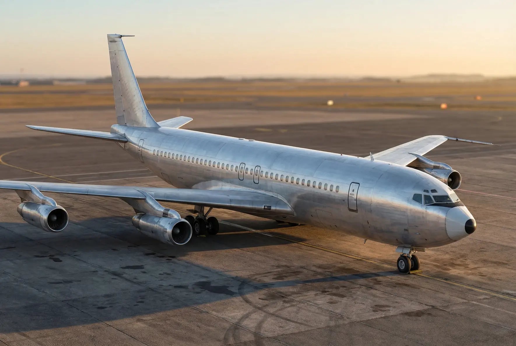 A Boeing 707-420 aircraft on the tarmac at sunset, showcasing its four engines and sleek silver fuselage.