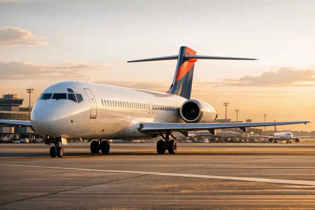 A Delta Air Lines Boeing 717-200 taxiing on the runway at sunset with airport terminal and control tower in the background.