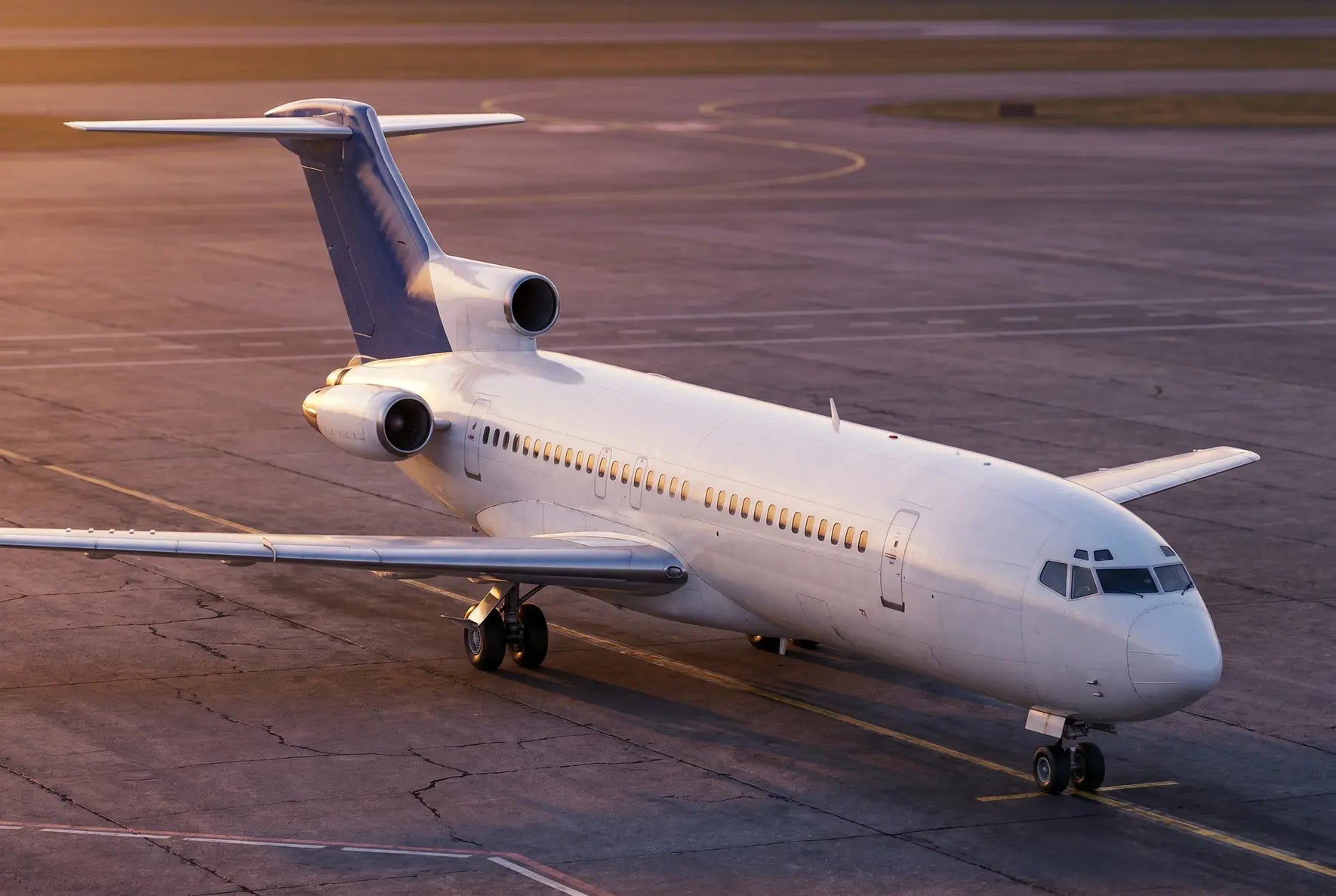 A Boeing 727-200 airplane parked on the tarmac at an airport during sunset, highlighting its three rear-mounted engines and distinctive T-tail design.