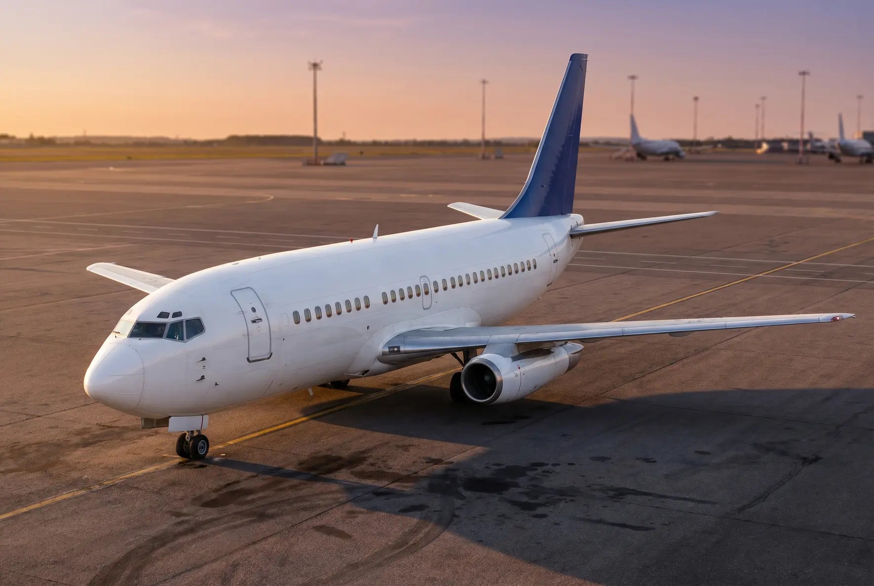 A Boeing 737-100 aircraft parked on an airport tarmac during sunset, with a clear sky and other planes in the background.