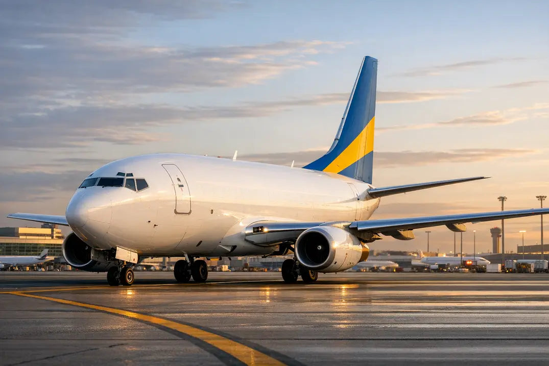 A Boeing 737-200C aircraft parked on an airport tarmac at sunset, with terminal buildings and other planes in the background.