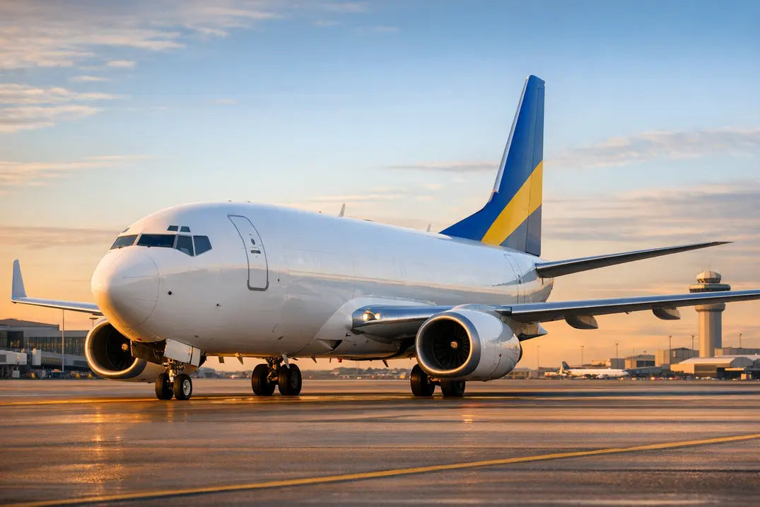Boeing 737-300QC aircraft parked on airport tarmac at sunrise with control tower and terminal in background.