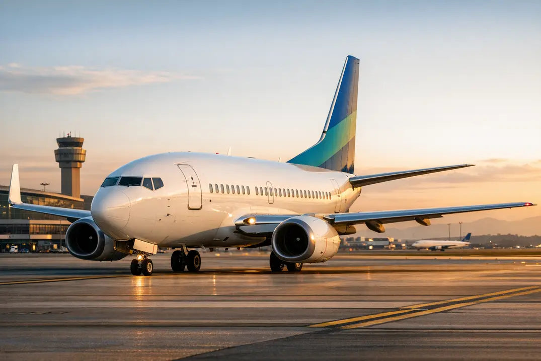 A Boeing 737-500 passenger airplane taxiing on the runway at an airport during sunset, with a control tower visible in the background.