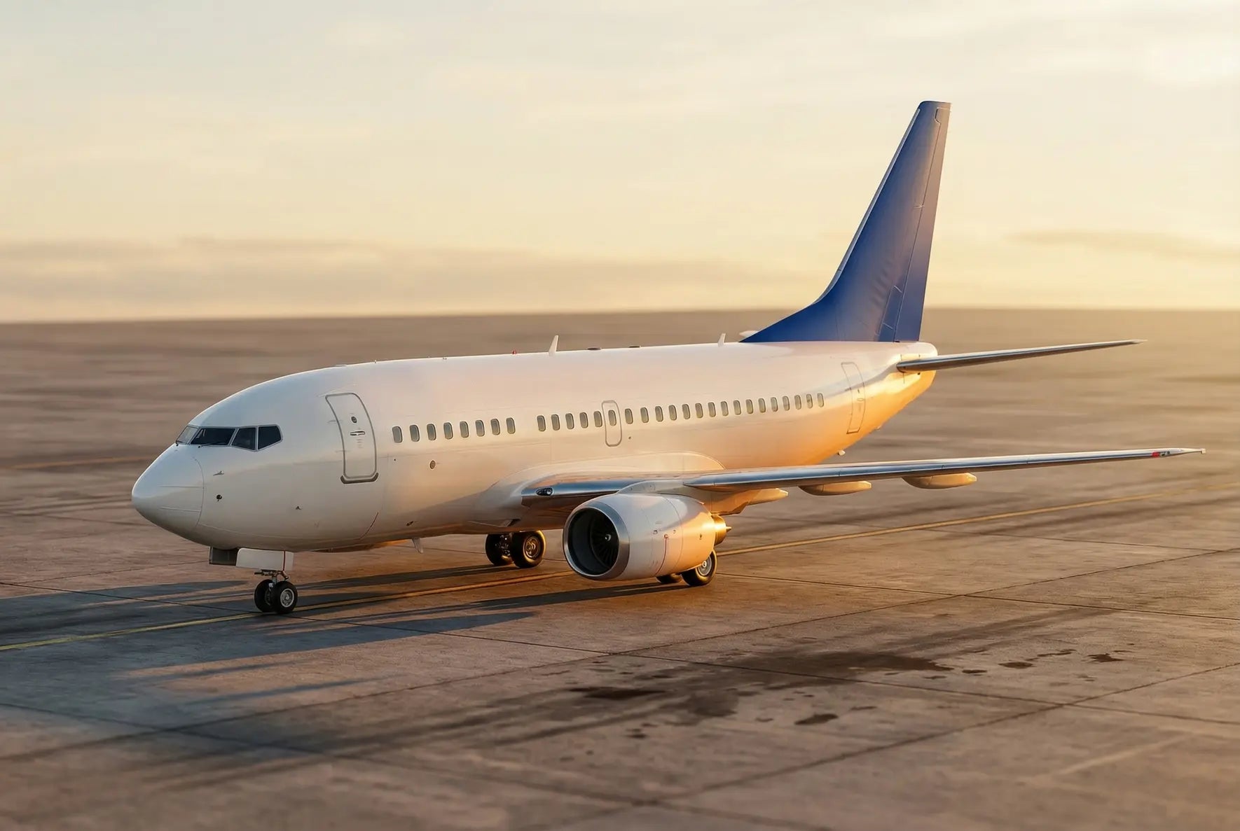 A Boeing 737-600 airplane parked on a runway under a setting sun, with its engines and wings clearly visible on an open tarmac.