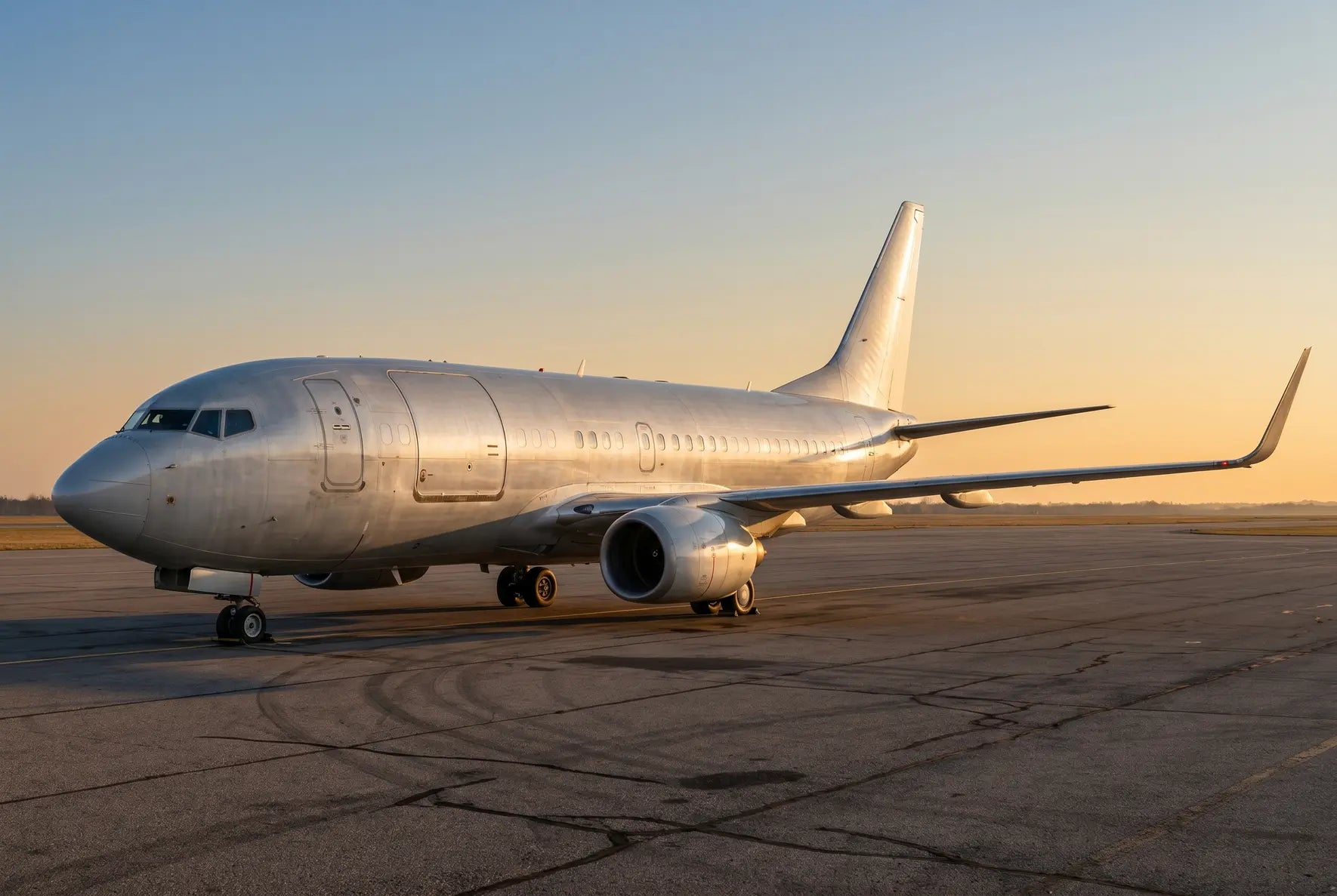 A silver Boeing 737-700C aircraft parked on an airport tarmac at sunrise, with sunlight reflecting off its polished fuselage and engines.