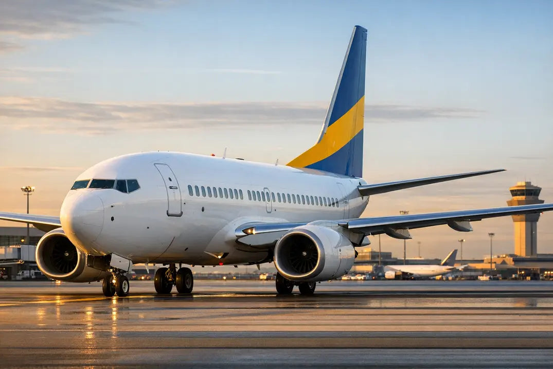 A Boeing 737-700 passenger jet parked on a wet airport tarmac during sunrise, with a control tower visible in the background.