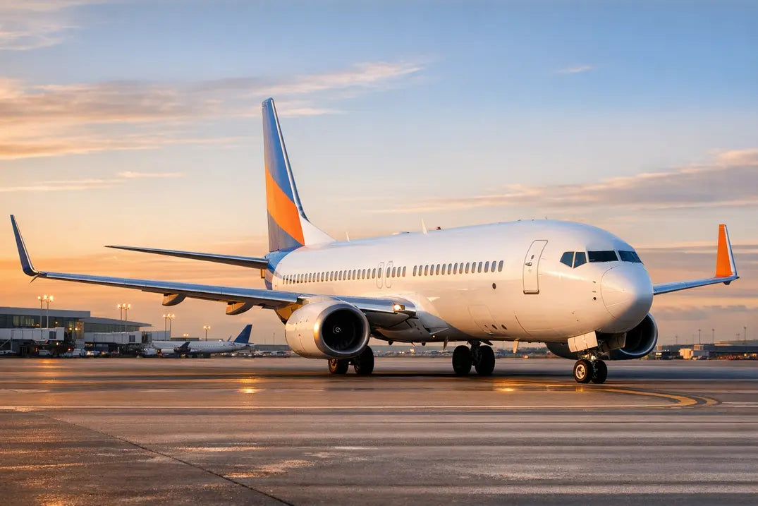 A Boeing 737-900ER aircraft parked on a wet airport tarmac at sunset, with terminal buildings and other planes visible in the background.