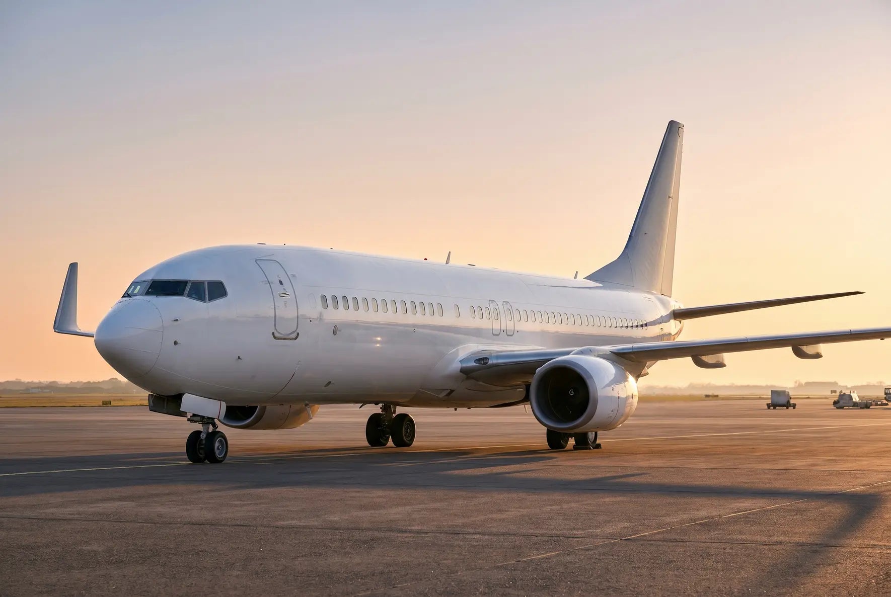 A Boeing 737-900 airplane parked on an airport tarmac during sunrise, with a clear sky in the background.