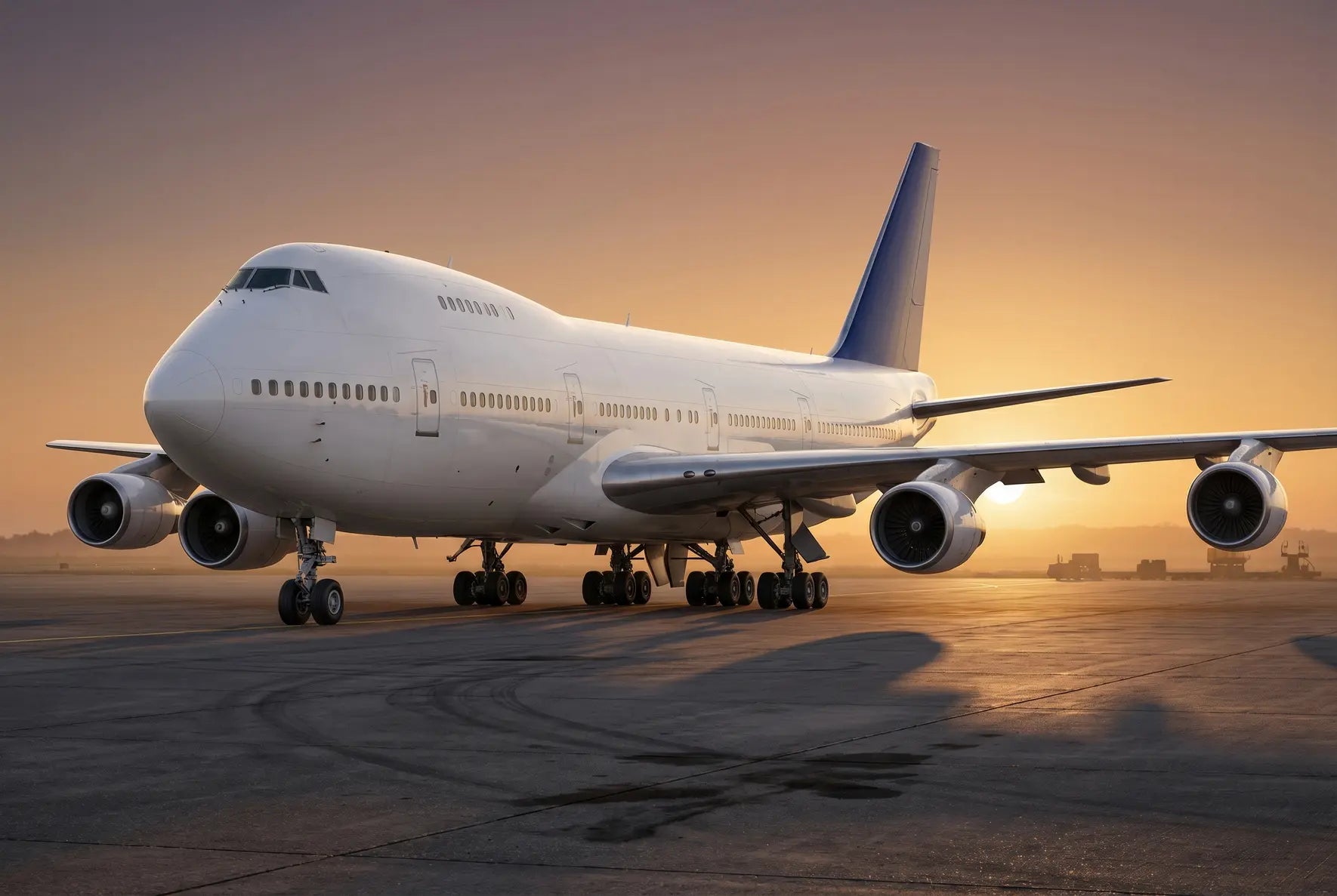 A Boeing 747-100SR jet on a tarmac at sunrise, highlighting the aircraft's four engines and distinctive humpback design.