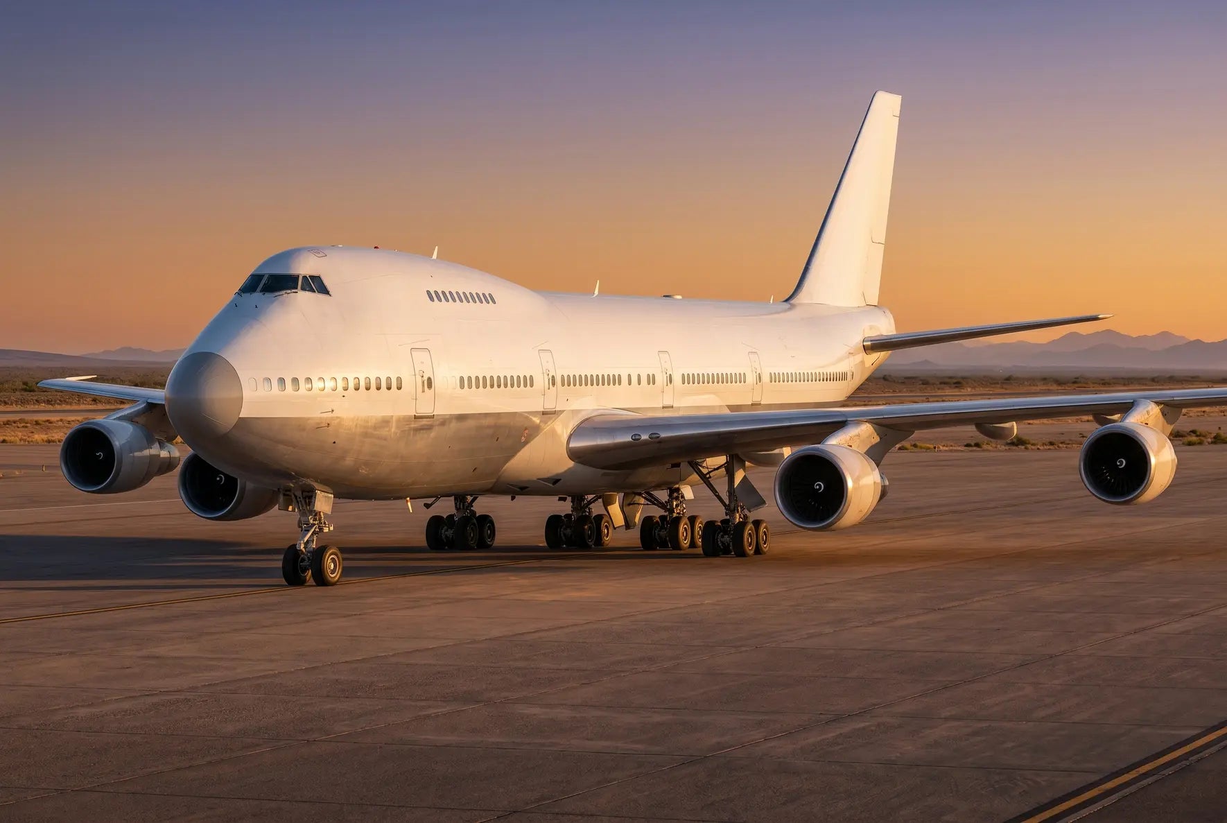 A Boeing 747-200B passenger jet parked on a runway at sunset, displaying its four engines and iconic humpbacked design.
