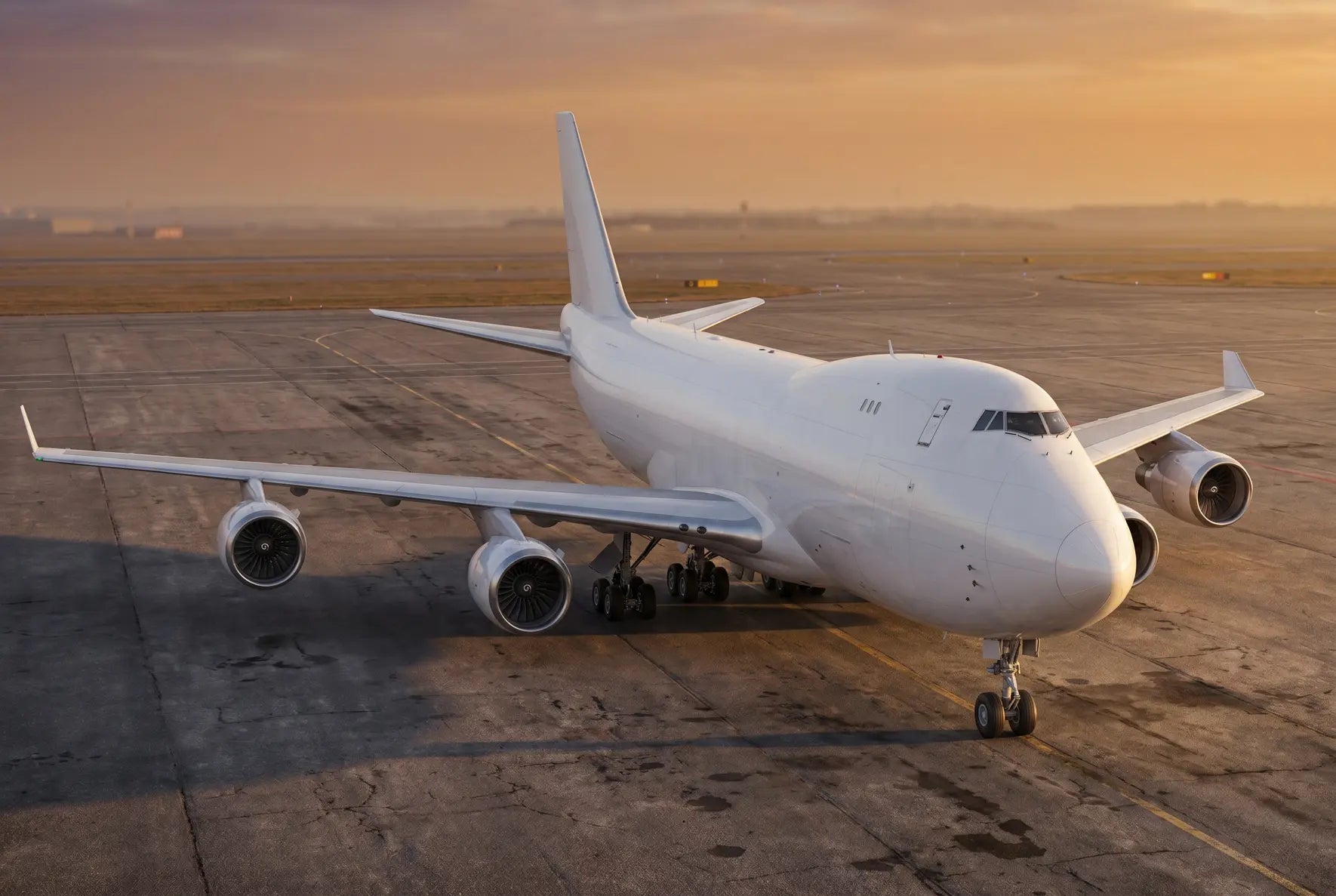 Front view of a Boeing 747-200F cargo aircraft on a runway at sunset, showcasing its four engines and distinct fuselage design.