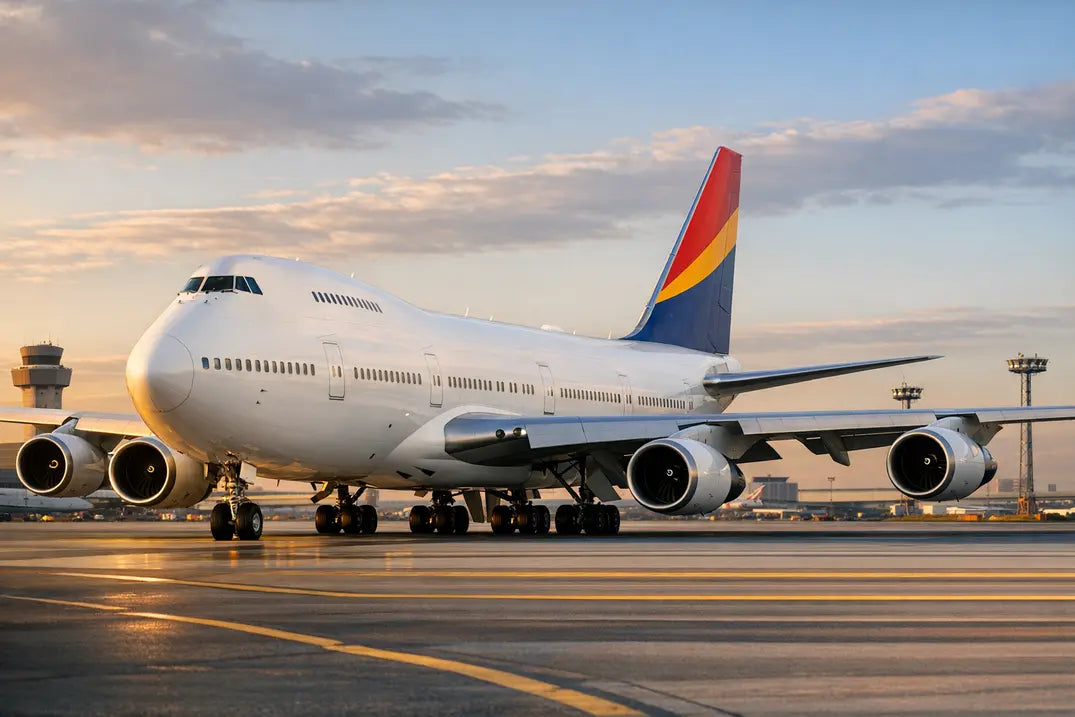 A Boeing 747-300 aircraft on the tarmac at an airport during sunset, with a control tower and light poles in the background.