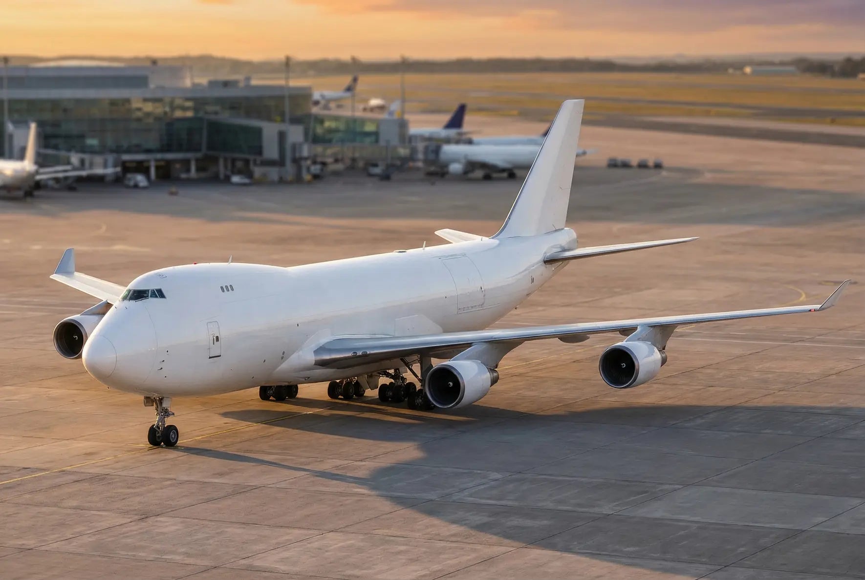 A white Boeing 747-400ERF cargo aircraft parked on an airport tarmac near a terminal building during sunset.