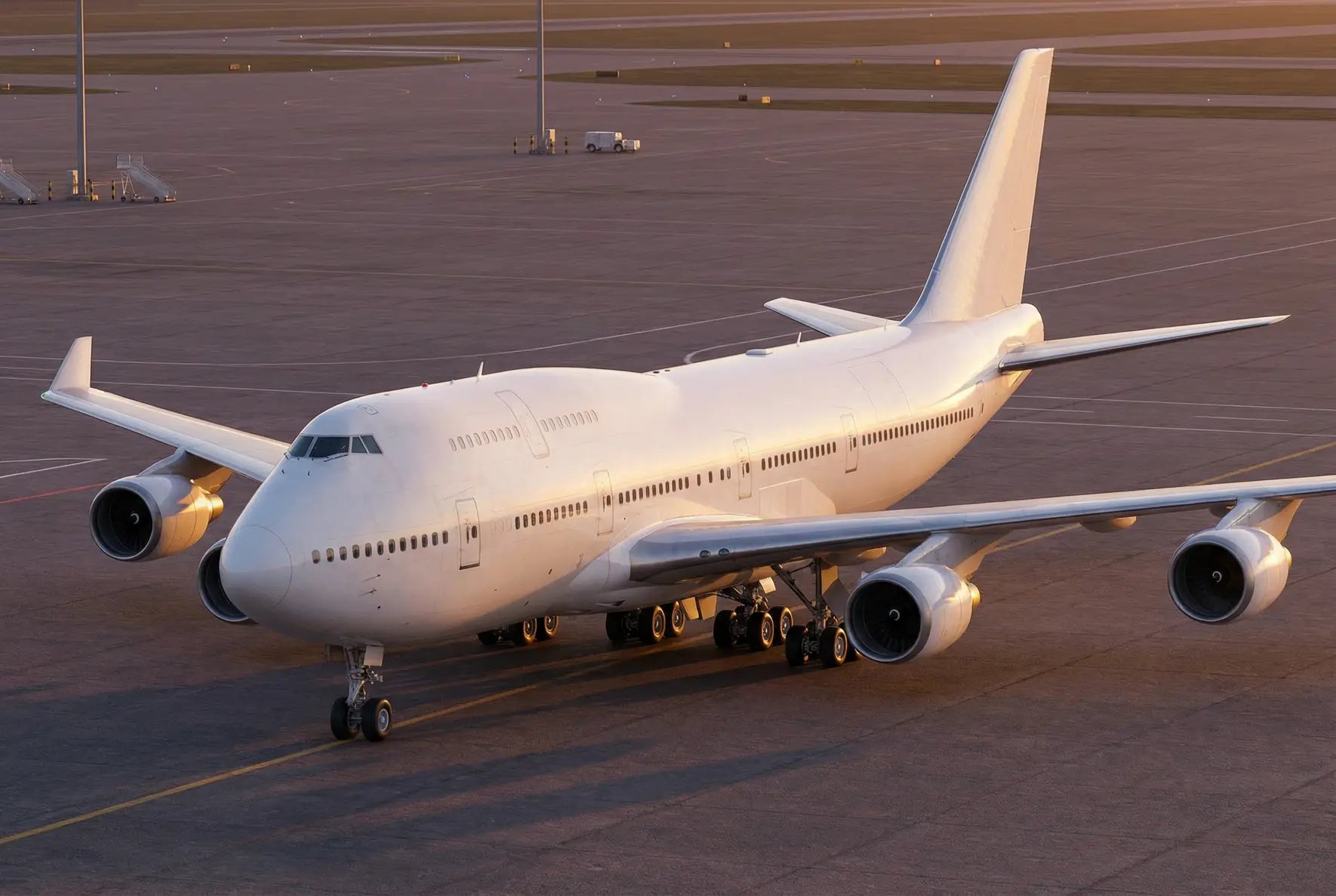 A white Boeing 747-400 airplane on a tarmac at sunset, highlighting its four engines and iconic humpback design.
